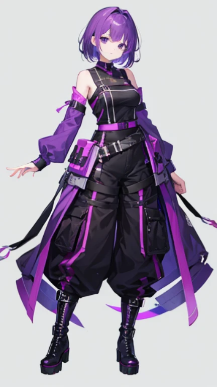 purple hair,girl,1 person,medium hair,No sleeve,Harness,pants,boots,simple background,smile,whole body,full body,standing position,Standing picture,VTuber,front,Eyes on the viewer,視線をfrontに,arm to the side
