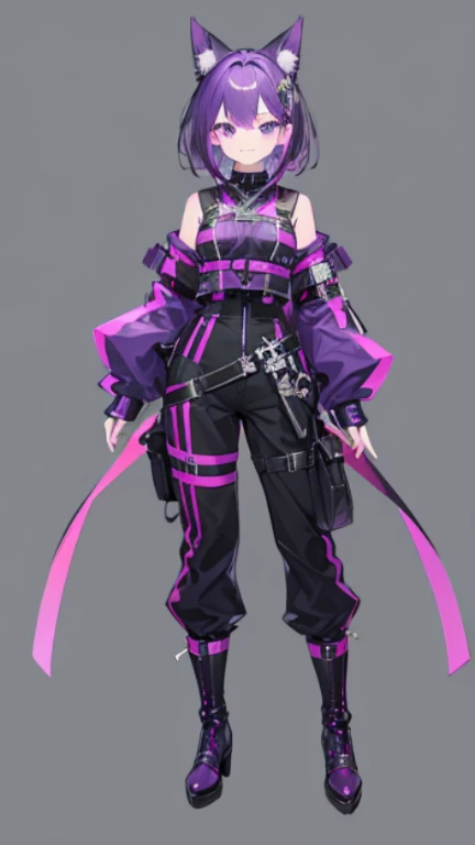 purple hair,girl,1 person,medium hair,No sleeve,Harness,pants,boots,simple background,smile,whole body,full body,standing position,Standing picture,VTuber,front,Eyes on the viewer,視線をfrontに,arm to the side