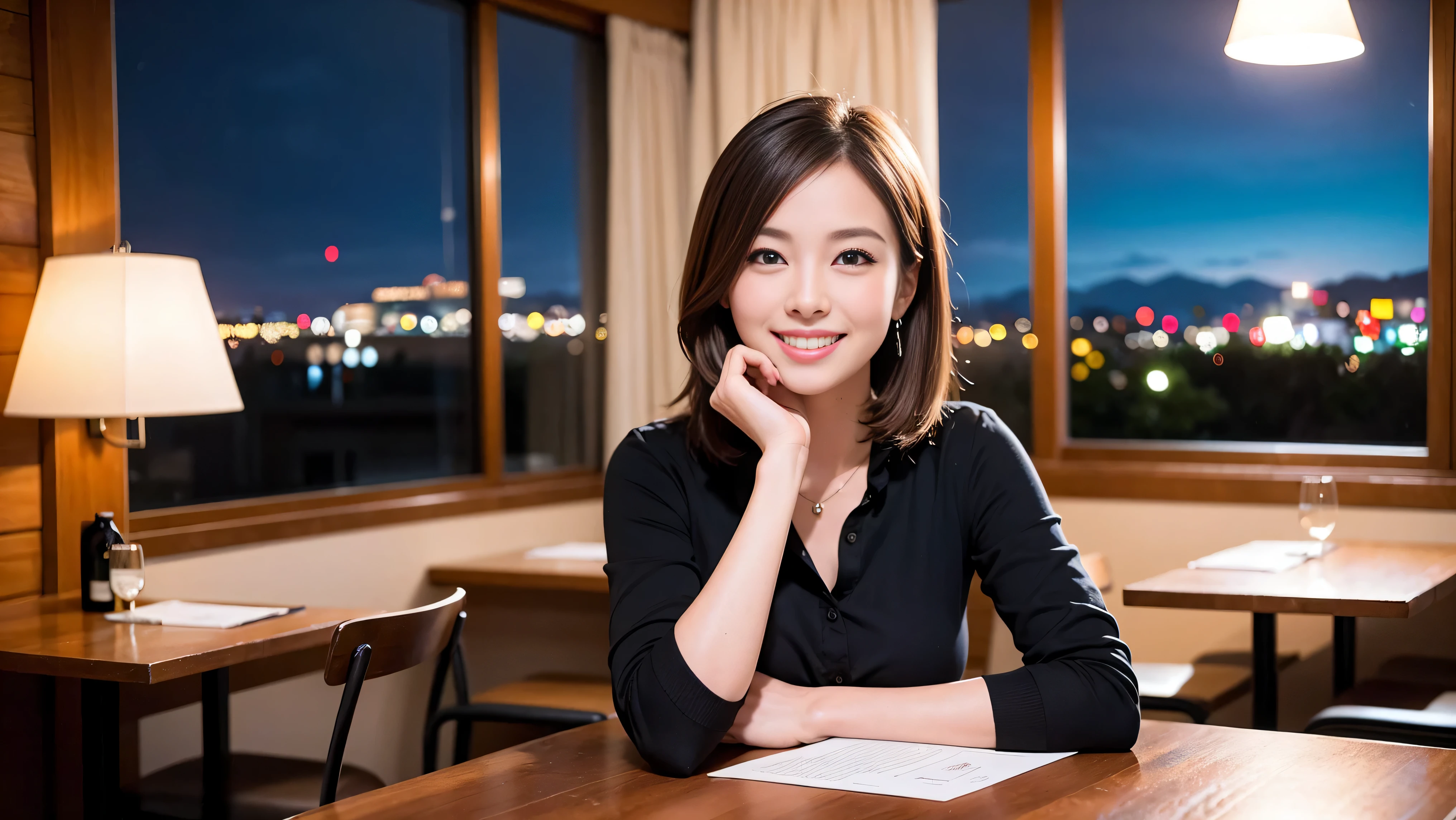 (K UHD, nffsw, highest quality, table top: 1.2), (realistic, realistic: 1.37), Spectacular view of the sunset sky and clouds、Amazing mountain views、A bright smile、A lovely woman with a smile、that woman'bright face、Fox face、lady、wine 、Appetizer、Italian food、two beauties、brown hair、shortcut、long sleeve shirt、winter fashion、dress、Japanese、Englishman、Dutch、German、Belgian、Italian、French,Wine Bottle、Appetizer、Champagne、Sparkling wine、Pretty Woman 1, (slim face), (because I'thin), (brown hair), (shortcut), cheeks turn a little red, (42 years old), 38 years old, charming beauty、, A beautiful and detailed night view spreads out outside the window..........., restaurant, Wine Glassに座って, At night, in a prominent place (from the waist up) nova frog style, actress, model, Upper body, White wine, slim, Wine Glass, Very beautiful night view, 真ん中に置かれたWine Glass, smile, (smile: 1.15), Beautiful little eyes,
