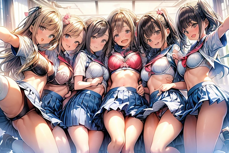 nswf:1.3,(masterpiece: 1.2, highest quality, masterpiece, Clearer images), (Bright colors), ((Take clear photos even from a distance)), (multiple girls), (Harem), (School classmates), (((All school uniforms have the same design))), (((Everyone is wearing the same navy blue skirt))), (()), ((prostitution婦)), (prostitution宿, on the bed), (cute Japanese((6 girls))), (((infant&#39;face))), ((group shot)), (group selfie), ((ass visible through thighs))、 (Full body diagram from head to toe), front, frontやや下からの構図, symmetry, 18 year old tall girl, alone, (whole body from head to toe),wide angle, soft light, ((((laugh with your mouth wide open)))), (slightly larger breasts), ((prostitution)), (lure), ((viewers love it)), (((A lot of hearts are flying))), Landscape、、((((M spread legs:1.4)))、((female masturbation:1.8))、((breast grab:1.3)),(((bra lift:1.4)))、(((show bra:1.5)))、(skirt lift:1.3) 、one eye closed、stick out one&#39;s crotch、((youth))、((((Knee-length white loose socks))))