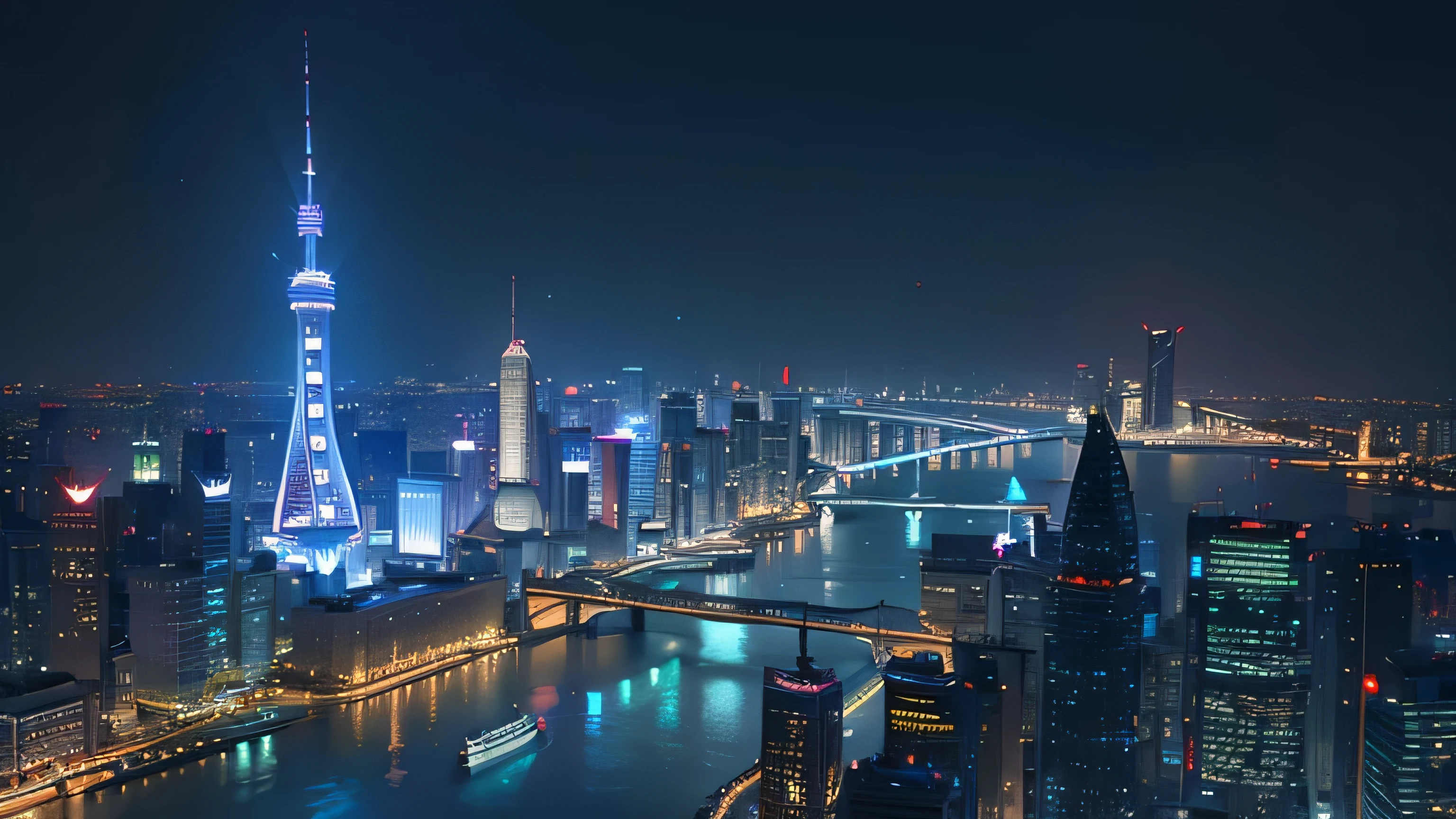 arafed view of a city at night with a river running through it, shanghai city, shanghai, beautiful city of the future, beautiful cityscape, photo of futuristic cityscape, interesting background, city at night, aerial view of a city, drone view of a city, by Zha Shibiao, vfx powers at night in the city, otherwordly futuristic city, water color, wash technique, colorful, a painting with dripping and scattered paint, Soft Illumination, high quality, master piece