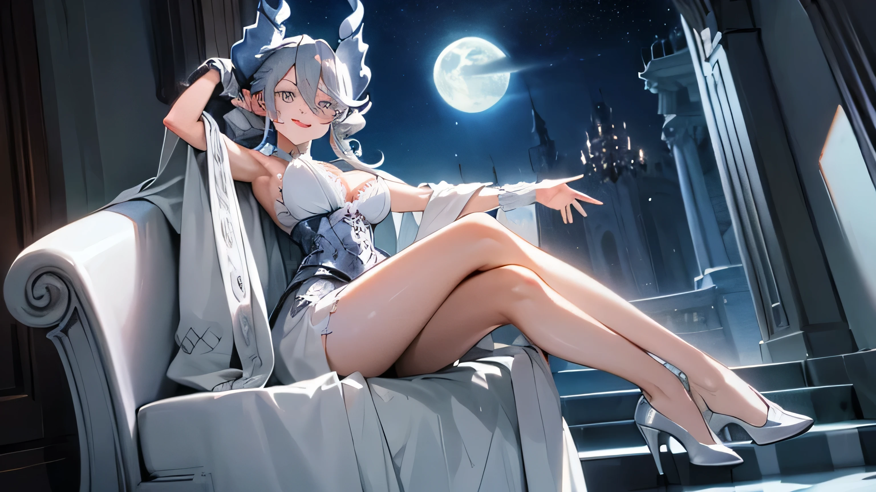 1girl, labrynth, silver hair, grey eyes, large breasts, full body, exposed thighs, exposed armpit, horns, cleavage, white dress, Ornate, laughing, night, moon, ivory, exquisite, chandelier, hand over mouth,white interior,glowing, glowing eyes, happy) (digital) (crossed legs style in detailed hallway) , best quality, masterpiece, looking at viewer, smile, shenhedef, shenhernd