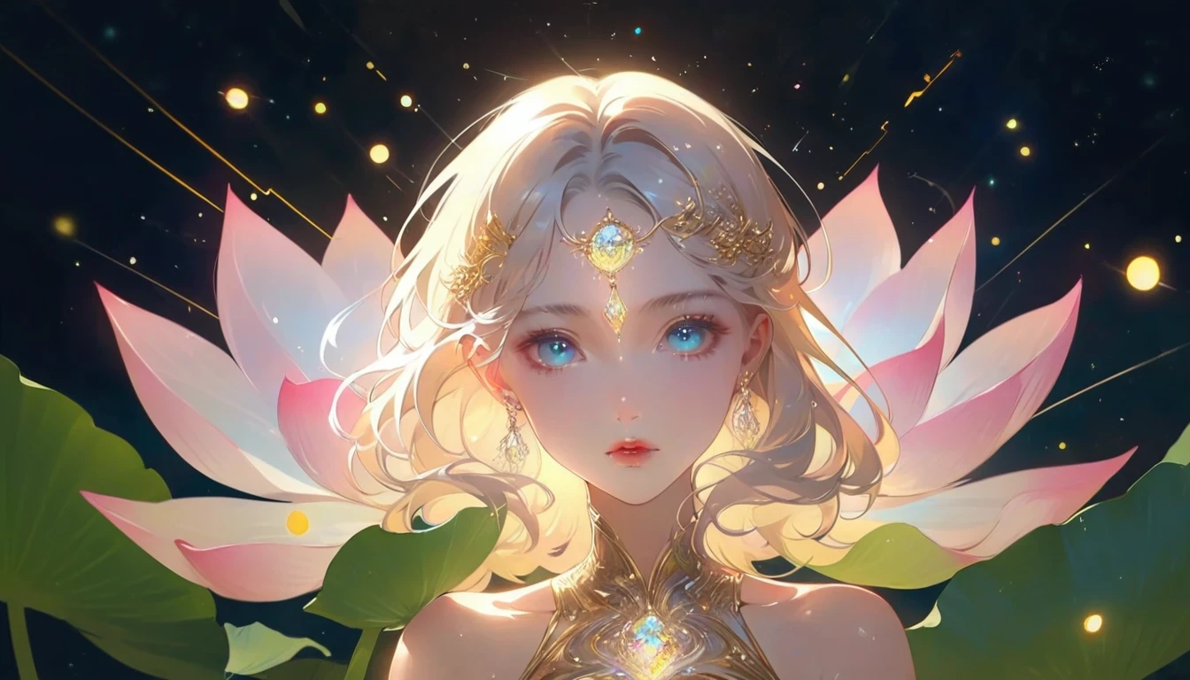 In digital art style, charming illustration,peaceful picture，1 girl, beautiful eyes，tall lotus，alone，body glow，Glowing lines，fluorescence,glow example，Example tracking，flash，light particles，Backlight，Translucent，light particles，Correct human anatomy，