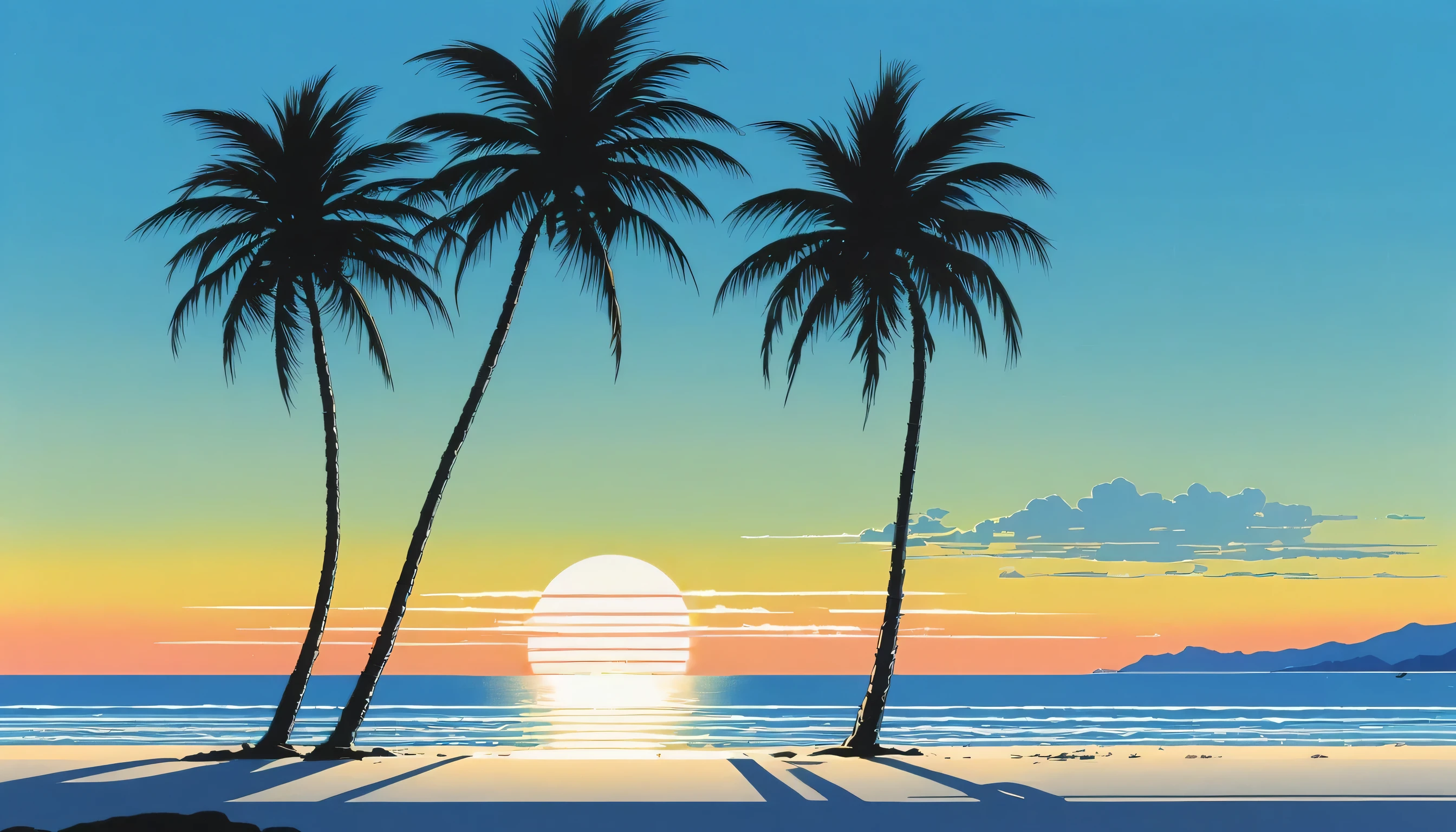 A simple illustration by Hiroshi Nagai Summer sky and beach Tranquil scenery calm sea Two tall palm trees