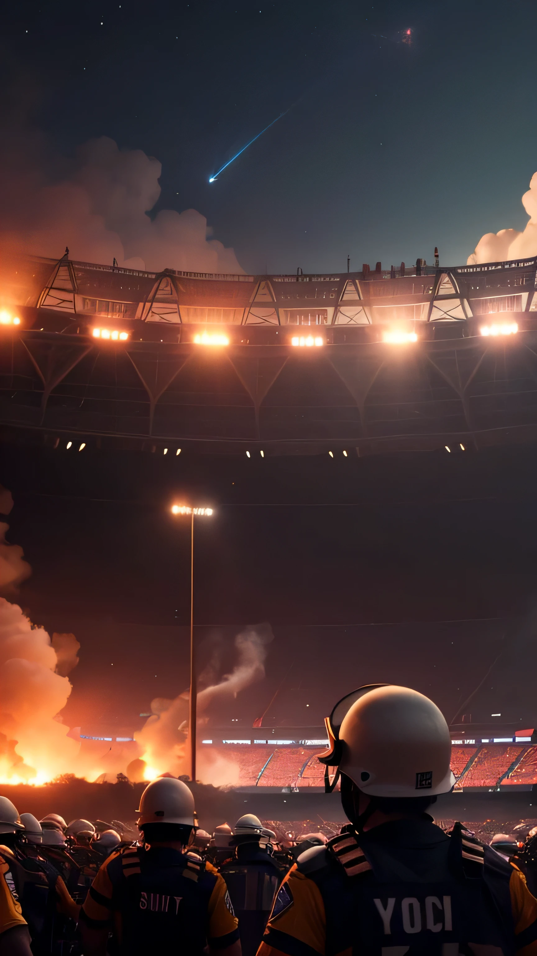 riots in the stadium, burning, smoke, night sky, 8k