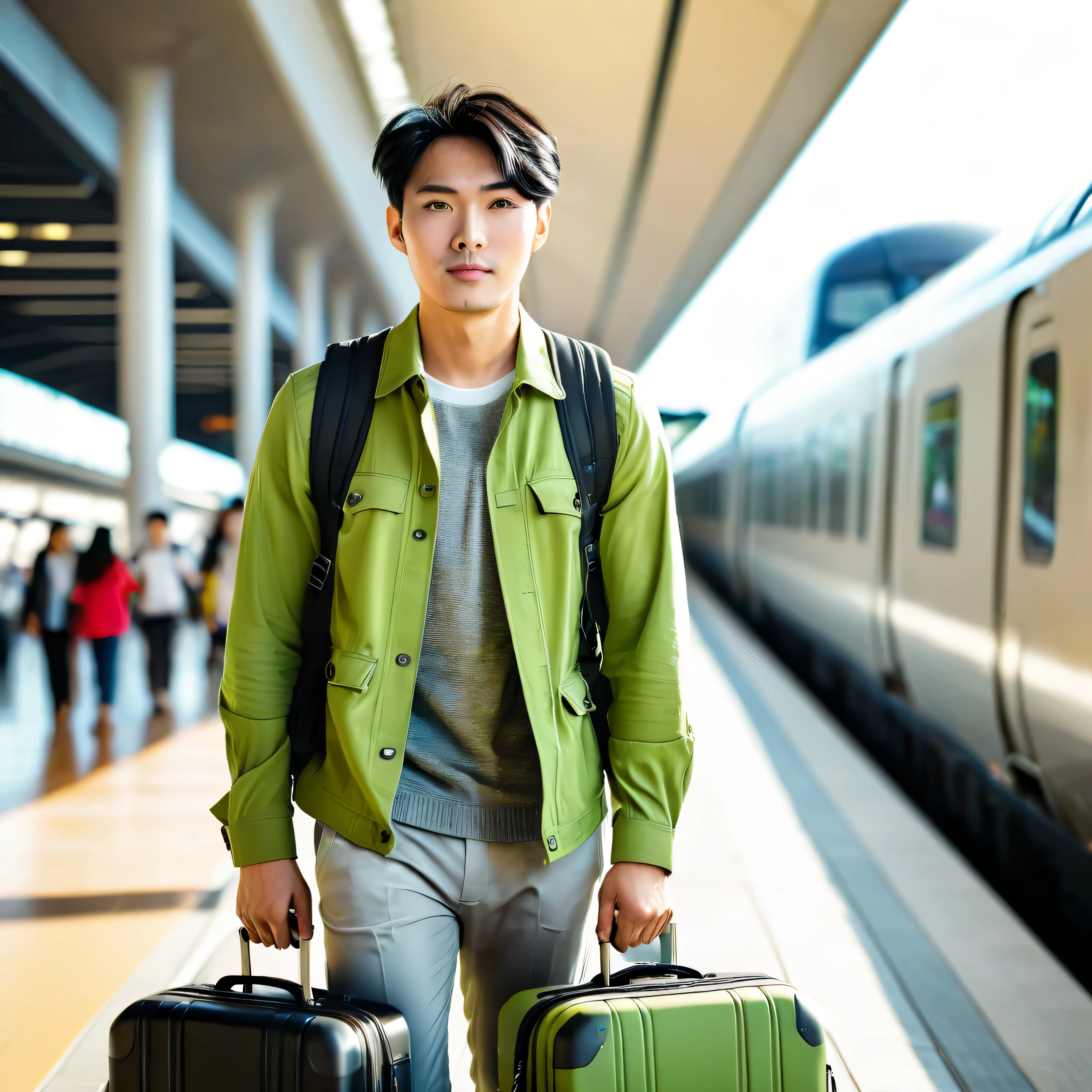 Professional photography of a handsome 25-year-old Asian man with trendy short black-brown hair,dressed in modern casual trendy lime olive clothing, grey long pants, carrying a modern backpack and suitcase, at a modern high-speed train station, in a futuristic modern style, in the morning with sunlight, shadows, in a busy atmosphere.
