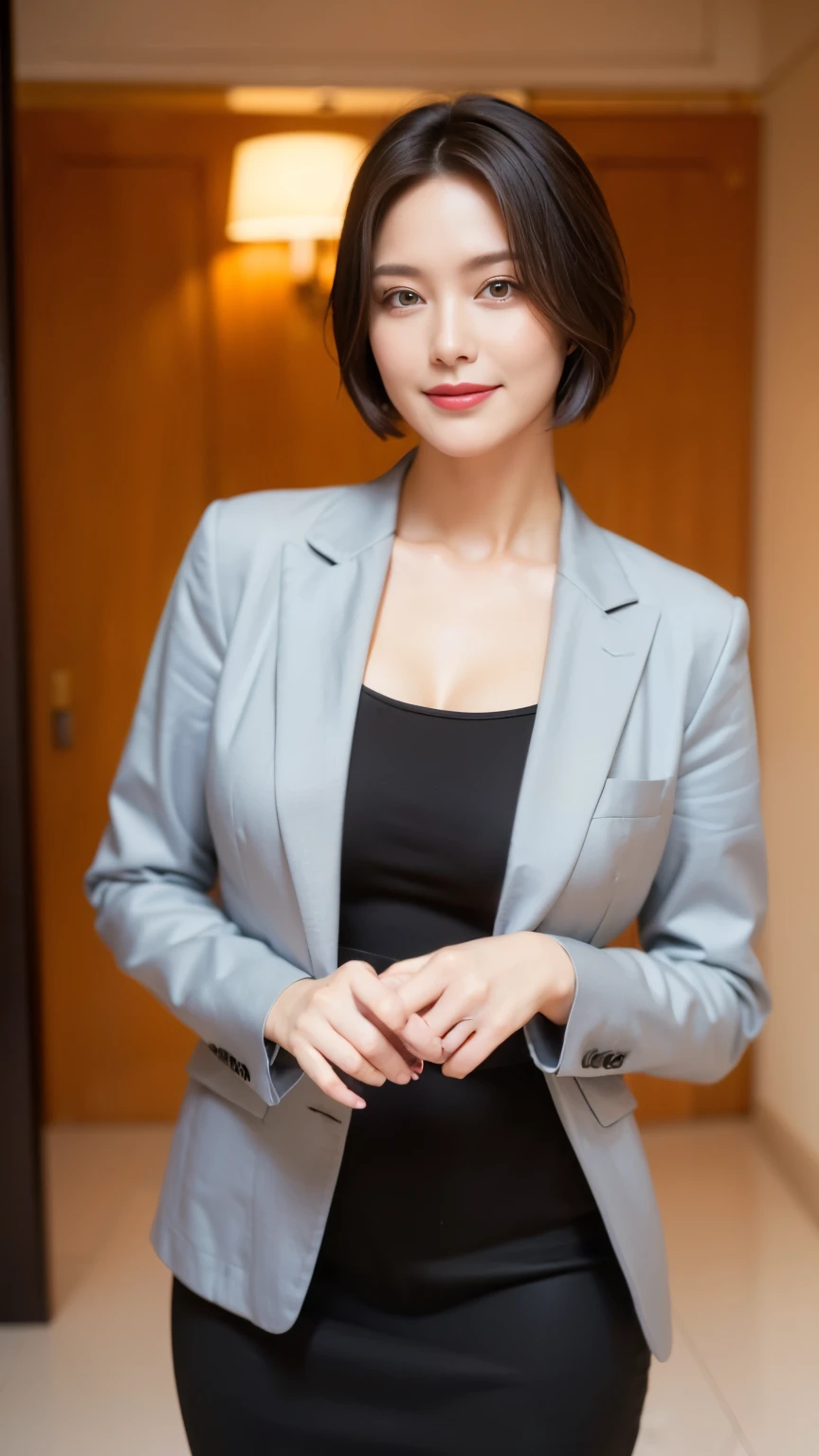(highest quality,8k,masterpiece),
日本人Mature Woman,40 years,Mature Woman,Pure white skin, Tabletop、Top view from chest、
Full breasts、 White collared blouse、Grey tailored jacket、Grey tight skirt、Brown short bob、
,A gentle smile、A gaze that seduces viewers、In-house offices、