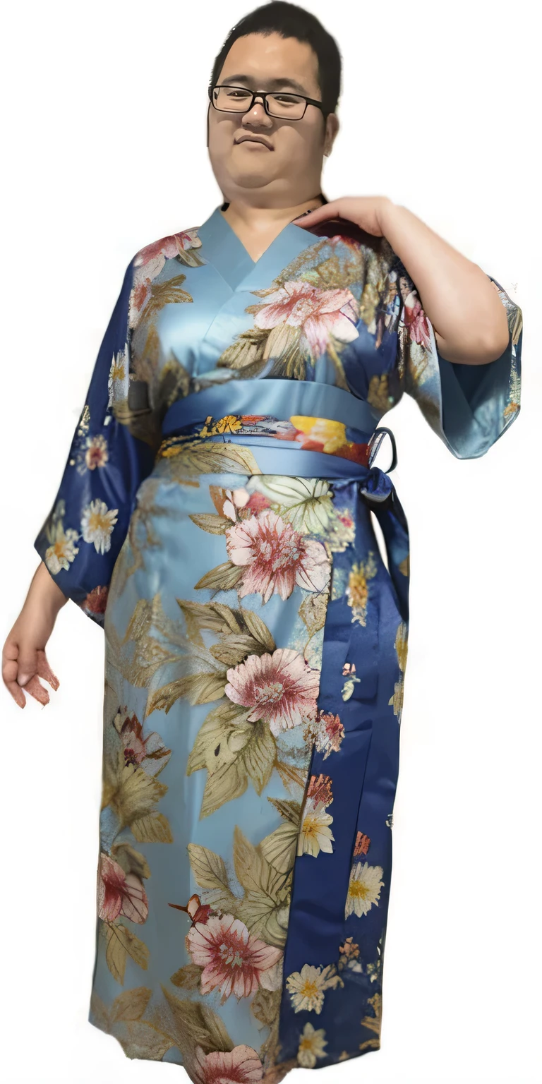 She is wearing a beautiful blue kimono with floral patterns.、Fat men