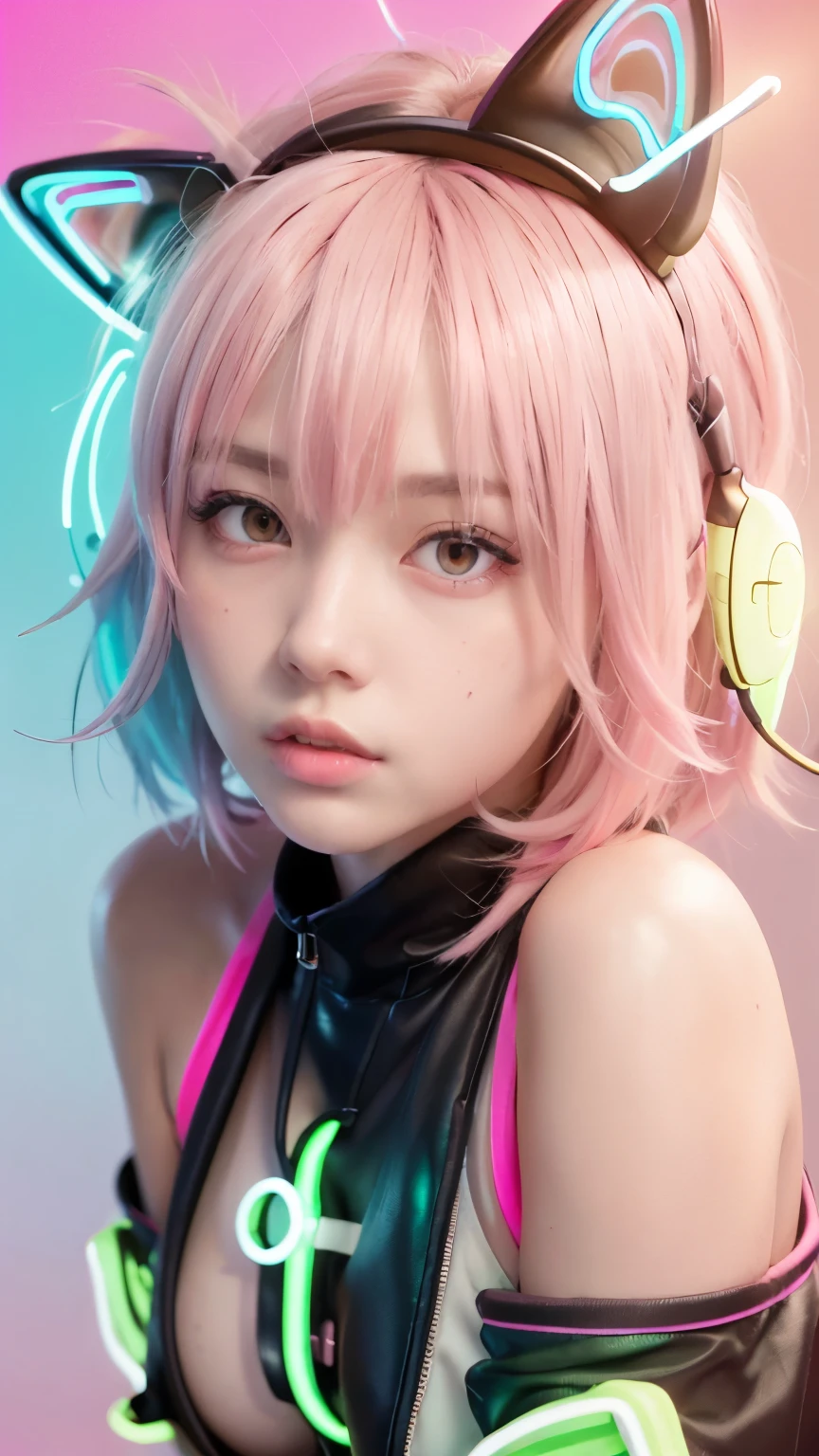 masterpiece, highest quality, Photorealistic, 4K, bokeh, enlightenment, (1 perfect portrait of a girl), (A fascinating eye for perfect detail), colorful hair, (gradient hair), (neon pink hair:1.6), (Cat ear:1.2), Slim and tall body type, fantasy background, exposed bare shoulders, long-term alienation sleeve, lean forward a little, If you look up, hair ornaments , Little head tilt, , movie lighting, oversized clothes, ((seductive pose)), (neon pink background:1.6), Close up,