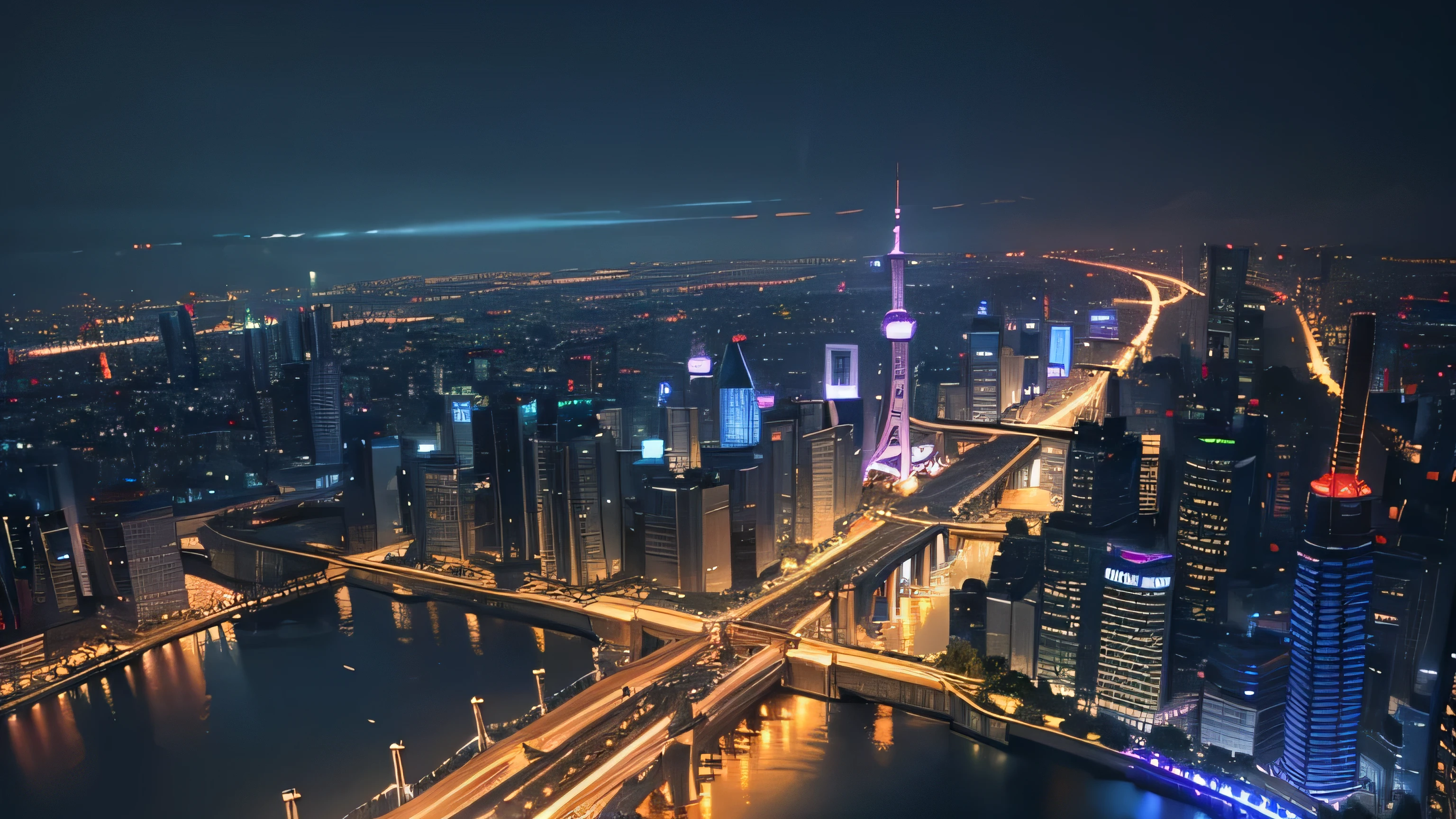 arafed view of a city at night with a river running through it, shanghai city, shanghai, beautiful city of the future, beautiful cityscape, photo of futuristic cityscape, interesting background, city at night, aerial view of a city, drone view of a city, by Zha Shibiao, vfx powers at night in the city, otherwordly futuristic city, water color, wash technique, colorful, a painting with dripping and scattered paint, Soft Illumination, high quality, master piece
