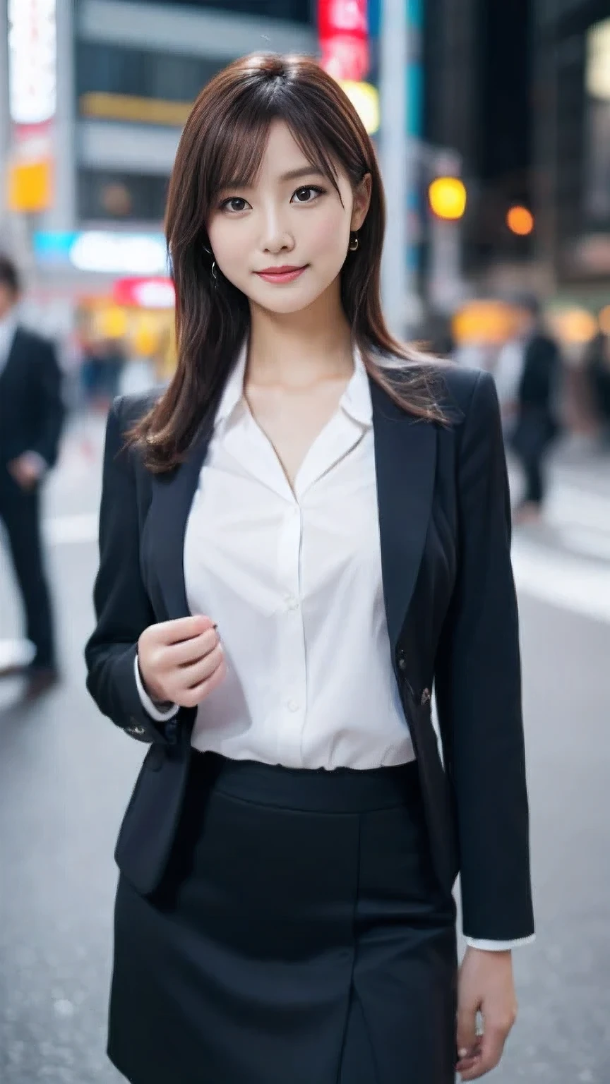 full body, 1 girl, black suit jacket、white business shirt、black tight skirt、Wearing black high heels, beautiful japanese actress, beautiful detailed girl, very detailed目と顔, beautifully detailed nose, beautiful and detailed eyes,smile,slender body, (Beautiful Medium breasts:1.0) (Raw photo, highest quality), (realistic, Photoreal:1.4), masterpiece, very delicate and beautiful, very detailed, 8k wallpaper, wonderful, finely, very detailed CG Unity , Super detailed, High resolution, soft light, cinematic lighting、In front of Shinjuku Station、perfect anatomy,  (Beautiful Medium breasts:1.1), 