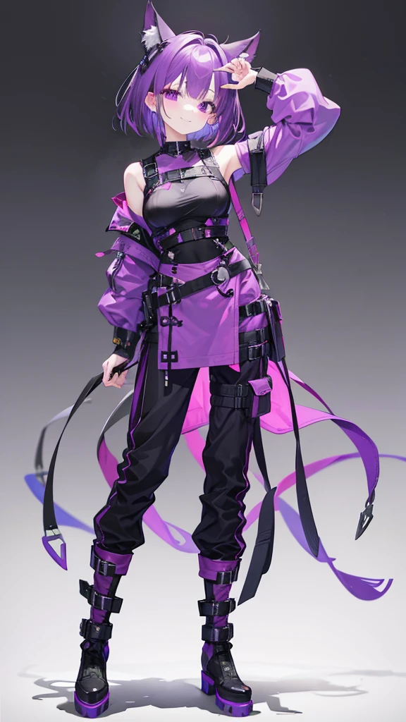 purple hair,girl,1 person,medium hair,No sleeve,Harness,pants,boots,simple background,smile,whole body,full body,standing position,Standing picture,VTuber,front,Eyes on the viewer,視線をfrontに,arm to the side
