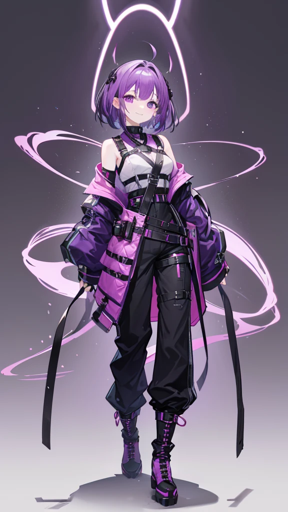 purple hair,girl,1 person,medium hair,No sleeve,Harness,pants,boots,simple background,smile,whole body,full body,standing position,Standing picture,VTuber,front,Eyes on the viewer,視線をfrontに,arm to the side