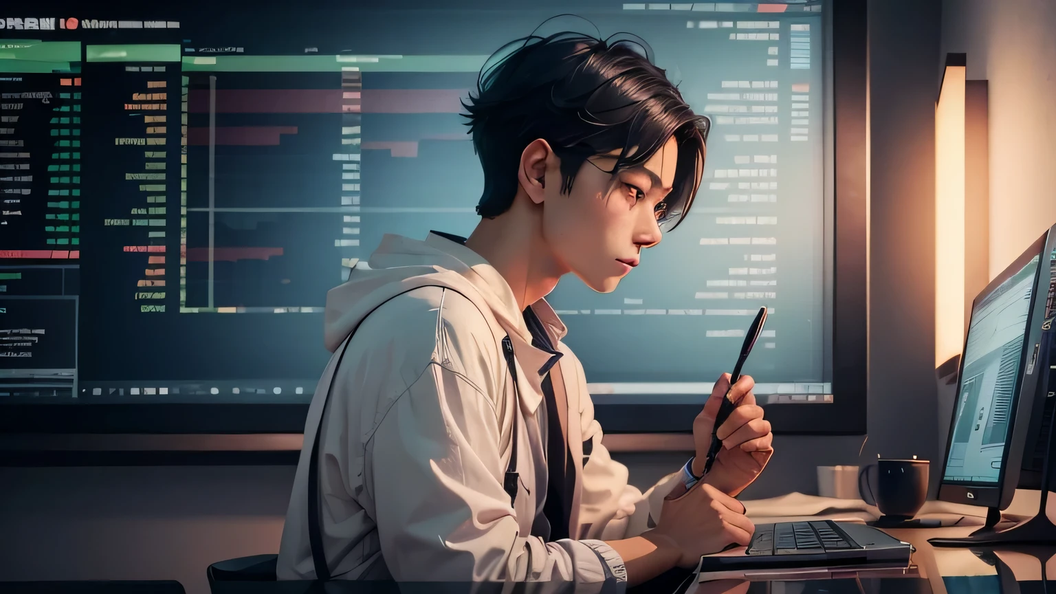 (Digital painting), (Best quality), A young man giving a lecture in front of a large chart screen, A Japanese man analyzing a chart with a magnifying glass, A Japanese man taking an academic test, Analyzing price fluctuations man, trader, currency chart monitoring, forex, forex, ukiyo-e art style, Hokusai inspiration, popular deviation art, 8K ultra-realistic, pastel color scheme, soft lighting, vibrancy