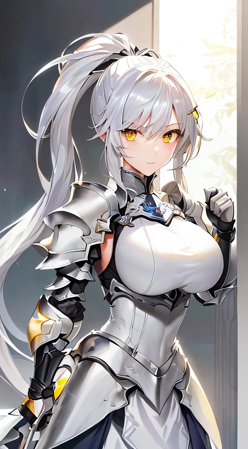 masterpiece、highest quality、High resolution、knight、White armor、(((glare)))、(((clear、silver hair、big breasts、Fair skin:1.2、medium hair、yellow eyes、ponytail)))、