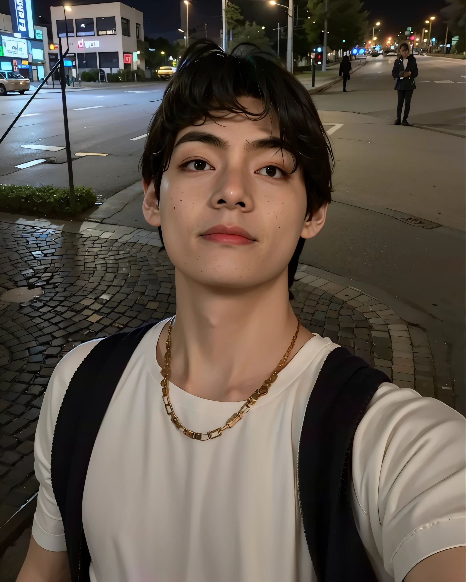 there is a man that is standing in the street at night, 8k selfie photograph, perfect face and boy, taken in the early 2020s, twitch streamer / gamer ludwig, androgynous face, halfbody headshot, smirking at the camera, androgynous person, mateus 9 5, he is about 20 years old
