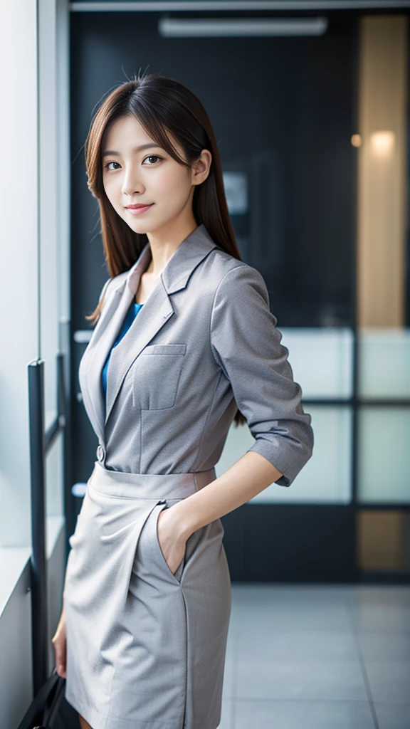 Japanese beauty、Business service, gray skirt, business clothes, With two front pockets, woman wearing office dress, Work clothes, Work clothes, catalog photo, from me, Detailed image, business clothes装, Portrait Center, grey, white shirt and gray skirt, wearing a business casual dress、Her bra is visible under her clothes
