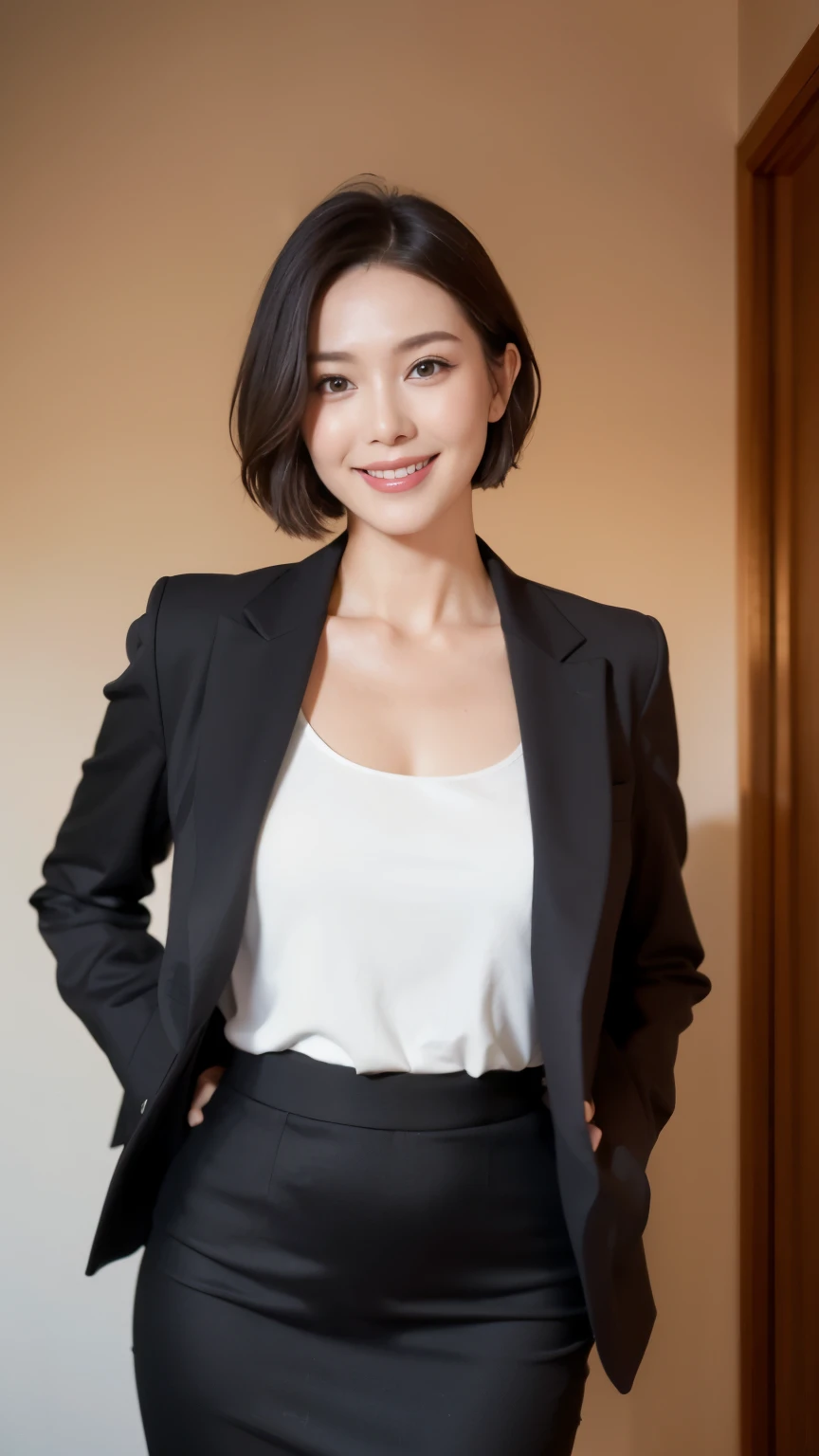 masterpiece,highest quality, (mature woman、42 years old), glare, (gray blazer), (white shirt:1.2), (black pencil skirt:1.4)、double eyelid, eyelash, lip gloss, (smile:1), (looking at the viewer、The whole body is reflected)、(standing facing the front:1.1), (Modern hotel lobby:1.6)、Depth of written boundary、尖ったred mouth、(Black wet shiny short hair),red mouth,clavicle、(full body portrait:1.6)、digital illustration, (Photoreal:1.3),(Raw photo)、smile、(Standing with hands together in front of the body)、