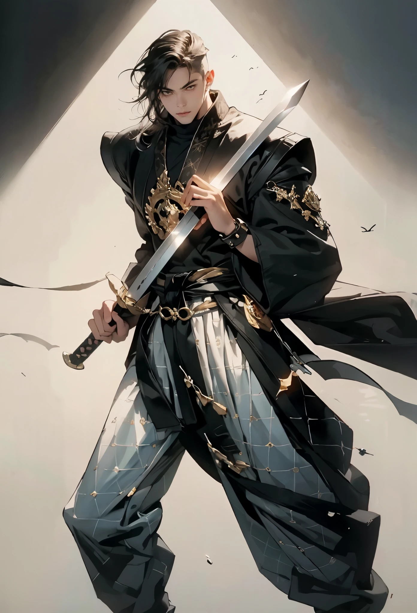 An adult man with long black hair, white-highlighted middle part bangs, thick wavy eyebrows, sharp almond-shaped eyes, well-defined features, a dignified expression, a black and white tight-fitting coat in a fantasy martial arts style, flowing wide sleeves, a cloth belt around the waist, loose fabric trousers, he holds a long sword placed in front of him, while the other hand lightly wipes the blade, the backdrop is a fantasy martial arts-style training ground, this character embodies a finely crafted fantasy martial arts-style swordsman in anime style, exquisite and mature manga art style, high definition, best quality, highres, ultra-detailed, ultra-fine painting, extremely delicate, professional, perfect body proportions, golden ratio, anatomically correct, symmetrical face, extremely detailed eyes and face, high quality eyes, creativity, RAW photo, UHD, 32k, Natural light, cinematic lighting, masterpiece-anatomy-perfect, masterpiece:1.5