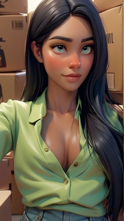 works of art, better quality, detailed face, fine eyes, sharp focus, 3D rendering. whole body, beautiful chibi girl, cute smile, ((Tanned skin tone)), short green hair, wavy , tomboy, slim body shape, black clothes, that's why, long sleeve shirt, (((Wide bottom jeans))), Large sneakers, (((Formal pose with cardboard box))), (face focus:1.3).
