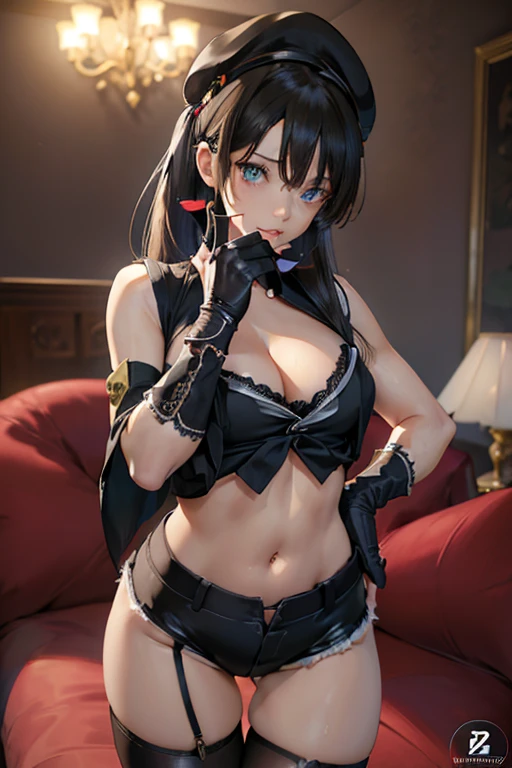 ((1 girl)),(best quality, highres, masterpiece:1.2), ultra-detailed, (realistic:1.37) illustration, erotic style, soft lighting, sweat glistening on her body, gentle warmth, mysterious, ubel,dark green hair,long hair,side ponytail,hair between eyes,bangs, (beret, black jacket, open clothes, cleavage, midriff, black shorts, black thighhighs, thigh strap, fingerless gloves, single glove:1.2), blurry background, pose, hand on hip, (masterpiece:1.2), best quality, high resolution, unity 8k wallpaper, (illustration:0.8), (beautiful detailed eyes:1.6), extremely detailed face, perfect lighting, extremely detailed CG, (perfect hands, perfect anatomy),
