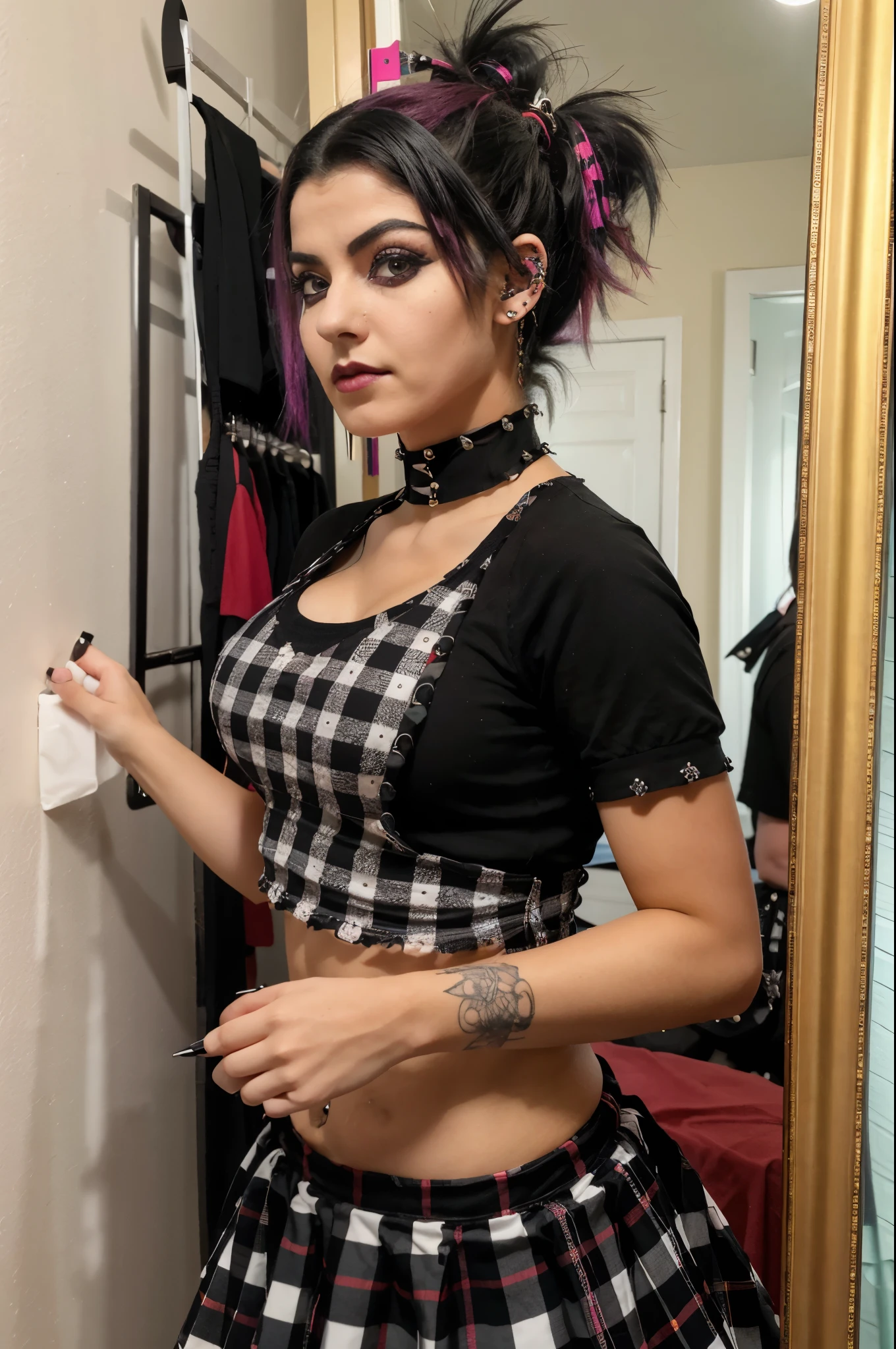 ************ ,Punk trad goth subculture gothic Girl trad goth makeup punk post punk A girl with black hair and black and white striped sleeves takes a selfie in a mirror. She wears a black top, a red and black tartan skirt, and has piercings on her nose and lip.