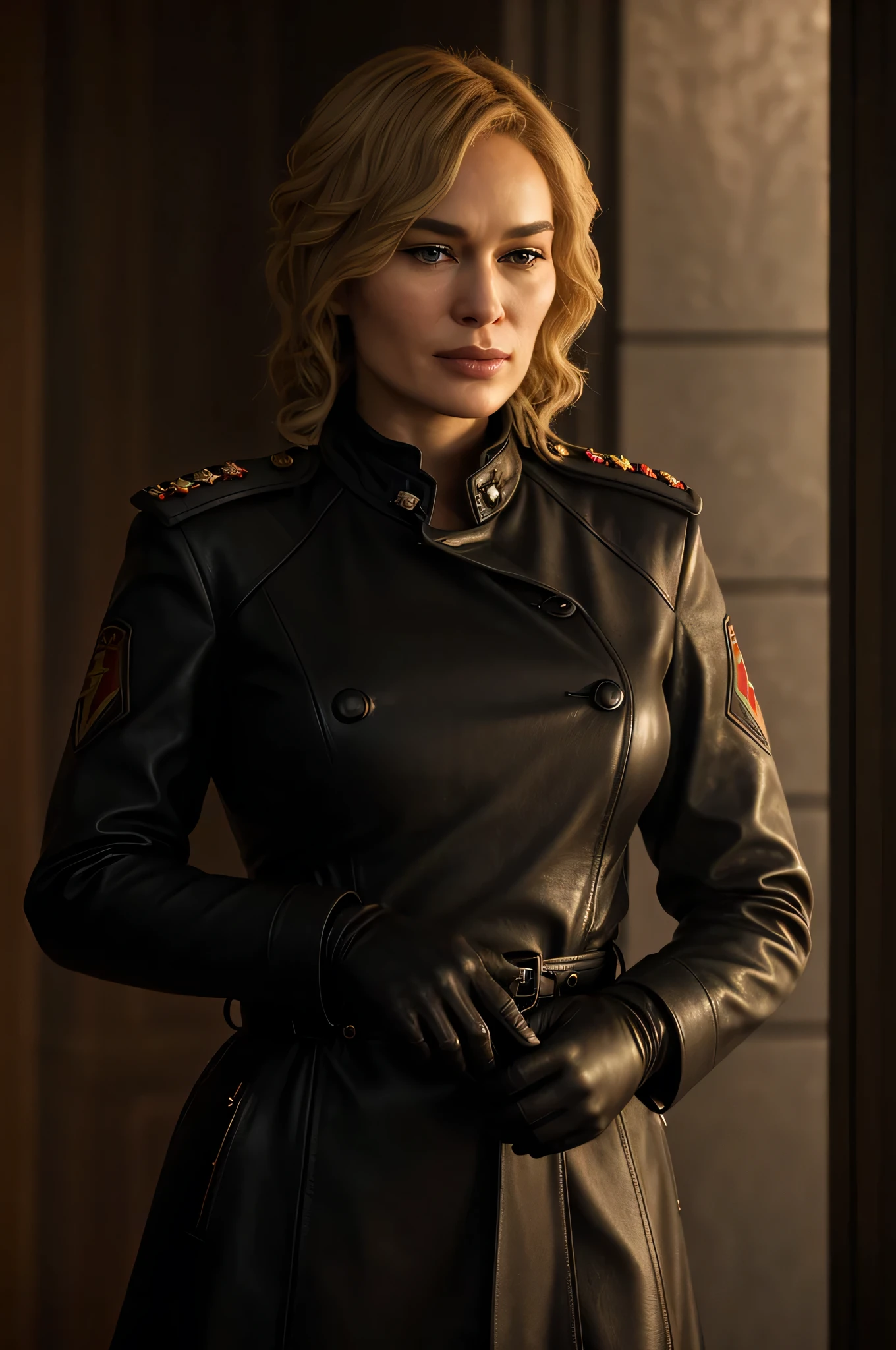 award-winning professional and realistic photo of beautiful 30 year old Cersei Lannister, authoritarian (commissar), black leather trench coat designed by Hugo Boss, black leather gloves, intimidating, (Wolfenstein inspired:1.2), futuristic Third Reich cityscape, political military officer, domineering, evil smirk, professional hairstyle, gorgeous long and silky hair, busty, beautiful hands, detailed textures, sharp focus, ultra-high pixel detail, 16k RAW footage, masterpiece