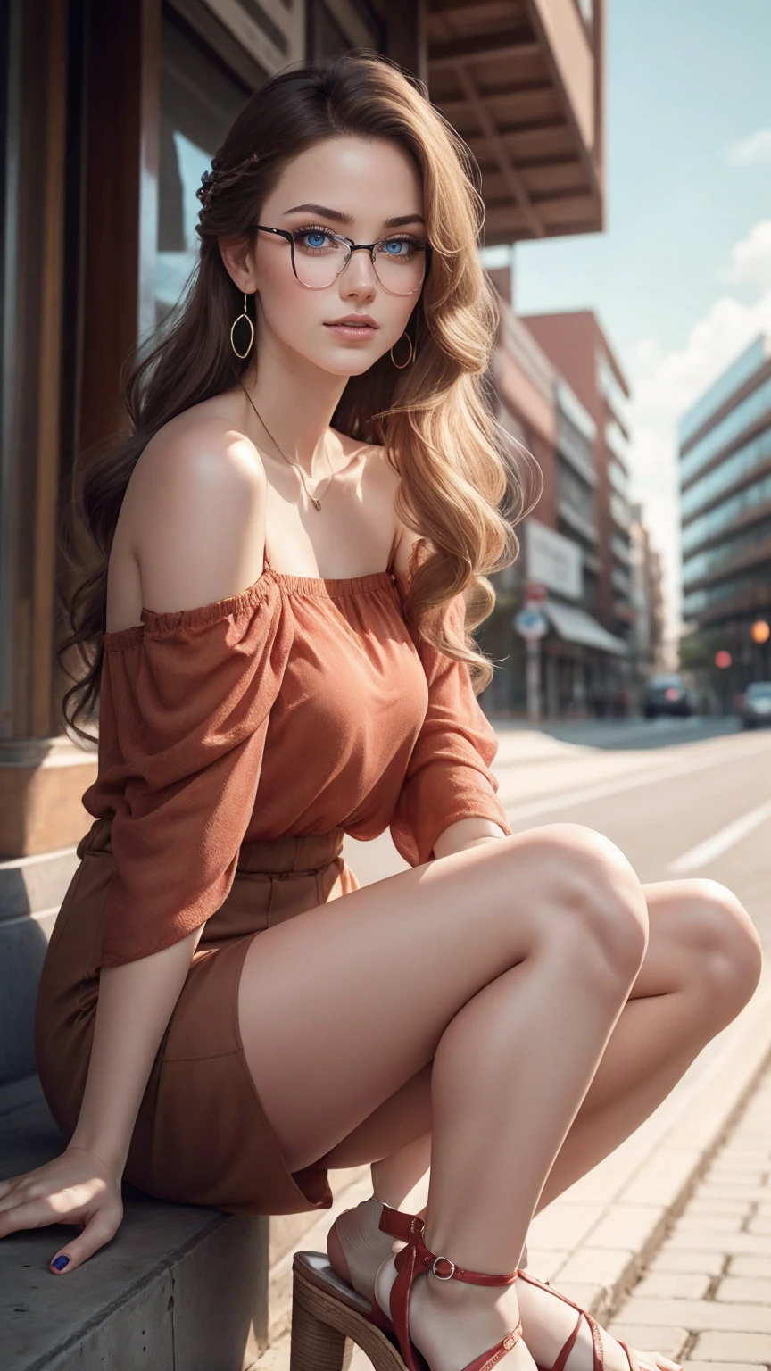 最high quality, 8K, masterpiece: 1.3, Ultra HD, high quality, 最high quality, High resolution, realism)) 、25 year old white woman、brunette、blue eyes、long hair、smile、slender、slenderだがアスリートのような細マッチョ、I don't want my head to disappear from the screen.、Wear accessories on your wrist、Wearing red nail polish、I have a peticure、Wear a sheer, off-the-shoulder bodycon top、wear sandals、have a clutch bag、Skyscraper background、Waiting for a traffic light at an intersection、crystal earrings((crystal earrings))、inner color((colored inner hair))、long hair ((long hair))、dark blonde、Place your glasses on top of your head((eyewear on head))
