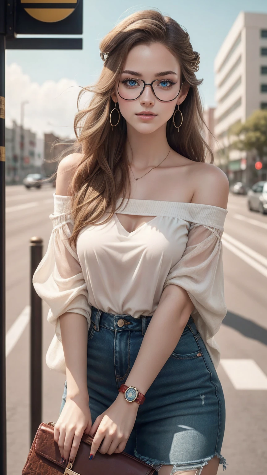 最high quality, 8K, masterpiece: 1.3, Ultra HD, high quality, 最high quality, High resolution, realism)) 、25 year old white woman、brunette、blue eyes、long hair、smile、slender、slenderだがアスリートのような細マッチョ、I don&#39;t want my head to disappear from the screen.、Wear accessories on your wrist、Wearing red nail polish、I have a peticure、Wear a sheer, off-the-shoulder bodycon top、wear sandals、have a clutch bag、Skyscraper background、Waiting for a traffic light at an intersection、crystal earrings((crystal earrings))、inner color((colored inner hair))、long hair ((long hair))、dark blonde、Place your glasses on top of your head((eyewear on head))