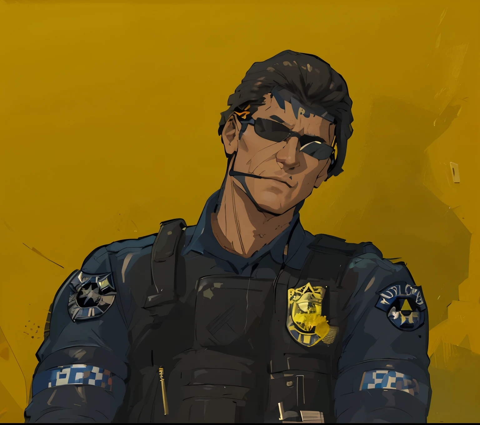 arafed man in a police uniform and sunglasses poses for a picture, police officer, outfit: cop, officer, wearing a police uniform, police uniform, policeman closeup, policeman, police, security agent, second life avatar, brave police j decker face, upper body avatar, in game, halfbody headshot, wearing a patch over one eye, police man!!