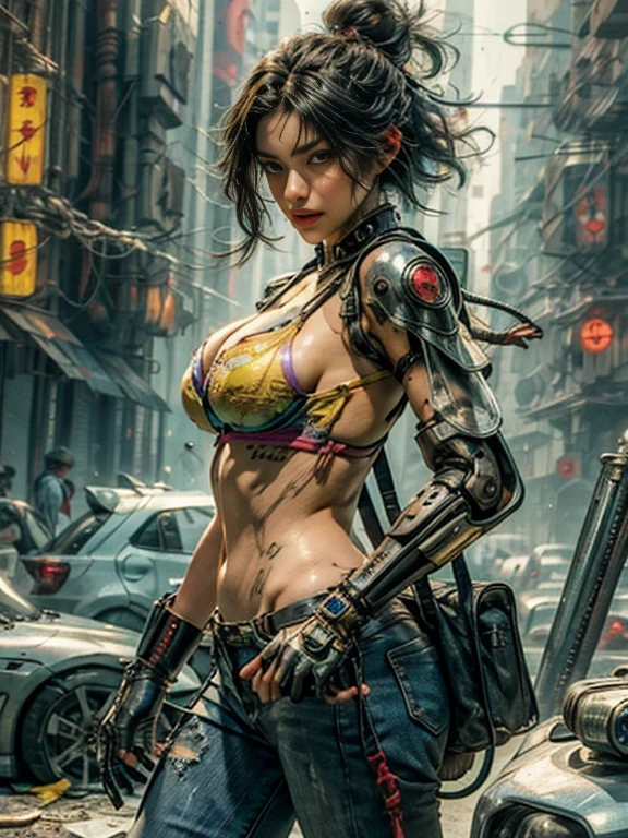 1 sexy post apocalyptic Cyberpunk girl, close up cowboy shot, big breasts, ((tattoos on breasts)), ((skin smeared with dirt, ((oil)) and blood stains)), detailed sad Asian face, (NSFW), futuristic, mechanical aesthetics, complex machinery, high-tech futuristic ((ruined)) post apocalyptic) (Cyberpunk) city in the background, virtual engine 5, cinematic lighting.