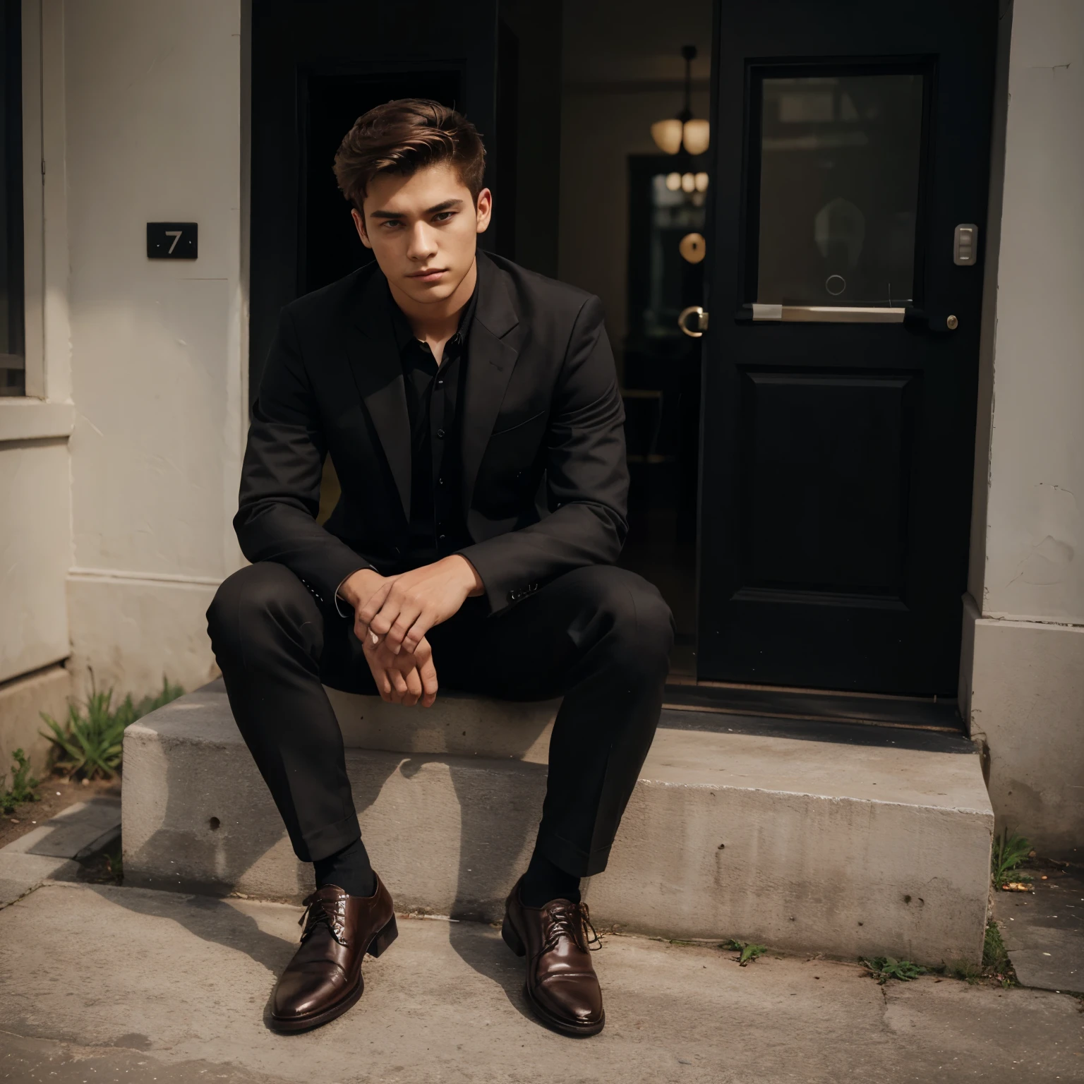 20 year old man in black suit, black shirt and brown shoes