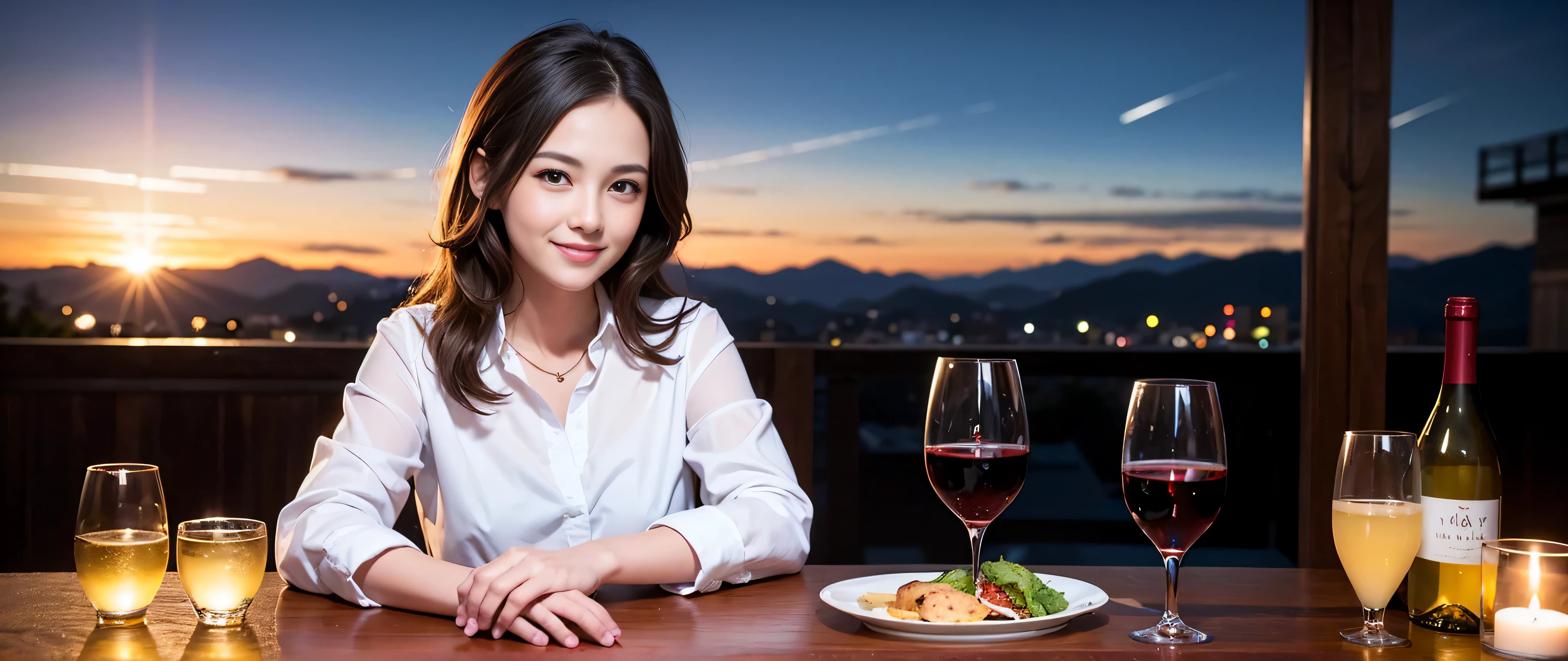 (K UHD, nffsw, highest quality, table top: 1.2), (realistic, realistic: 1.37), Spectacular view of the sunset sky and clouds、Amazing mountain views、A bright smile、A lovely woman with a smile、that woman'bright face、Fox face、lady、wine 、Appetizer、Italian food、two beauties、brown hair、shortcut、long sleeve shirt、winter fashion、dress、Japanese、Englishman、Dutch、German、Belgian、Italian、French,Wine Bottle、Appetizer、Champagne、Sparkling wine、Pretty Woman 1, (slim face), (because I'thin), (brown hair), (shortcut), cheeks turn a little red, (42 years old), 38 years old, charming beauty、, A beautiful and detailed night view spreads out outside the window..........., restaurant, Wine Glassに座って, At night, in a prominent place (from the waist up) nova frog style, actress, model, Upper body, White wine, slim, Wine Glass, Very beautiful night view, 真ん中に置かれたWine Glass, smile, (smile: 1.15), Beautiful little eyes,