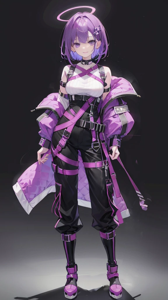 purple hair,girl,1 person,medium hair,No sleeve,Harness,pants,boots,simple background,smile,whole body,full body,standing position,Standing picture,VTuber,front,Eyes on the viewer,視線をfrontに,arm to the side