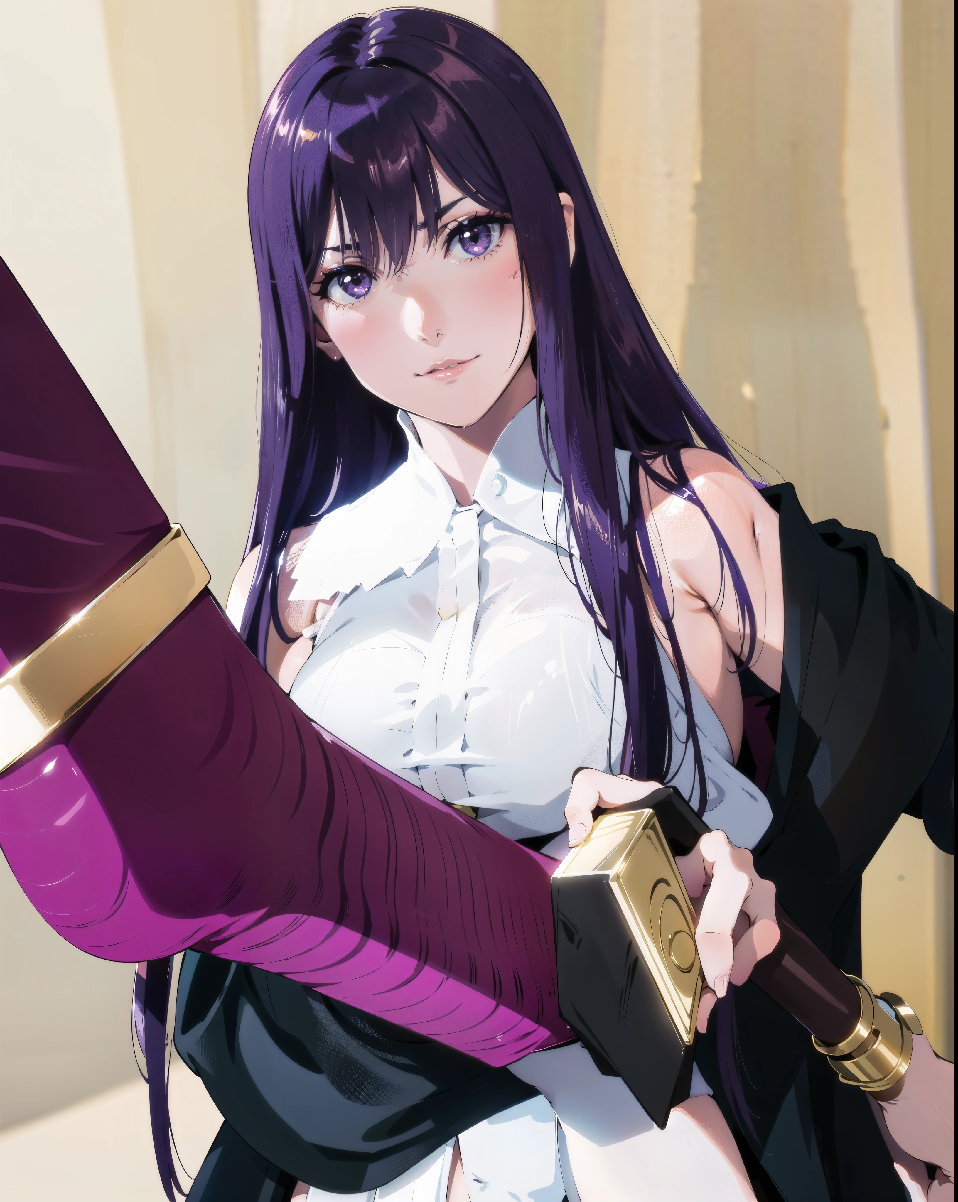 Purple haired girl holding a purple and gold sword, Shalltear from Overlord, Ace Attorney Maya Fey, Photographed with Canon EOS R6, cosplay photo, anime cosplay, juri misaki, anime girl cosplay, misato katsuragi, professional cosplay, fateful anime style/Please stay the night, kotegawa yui, cosplay