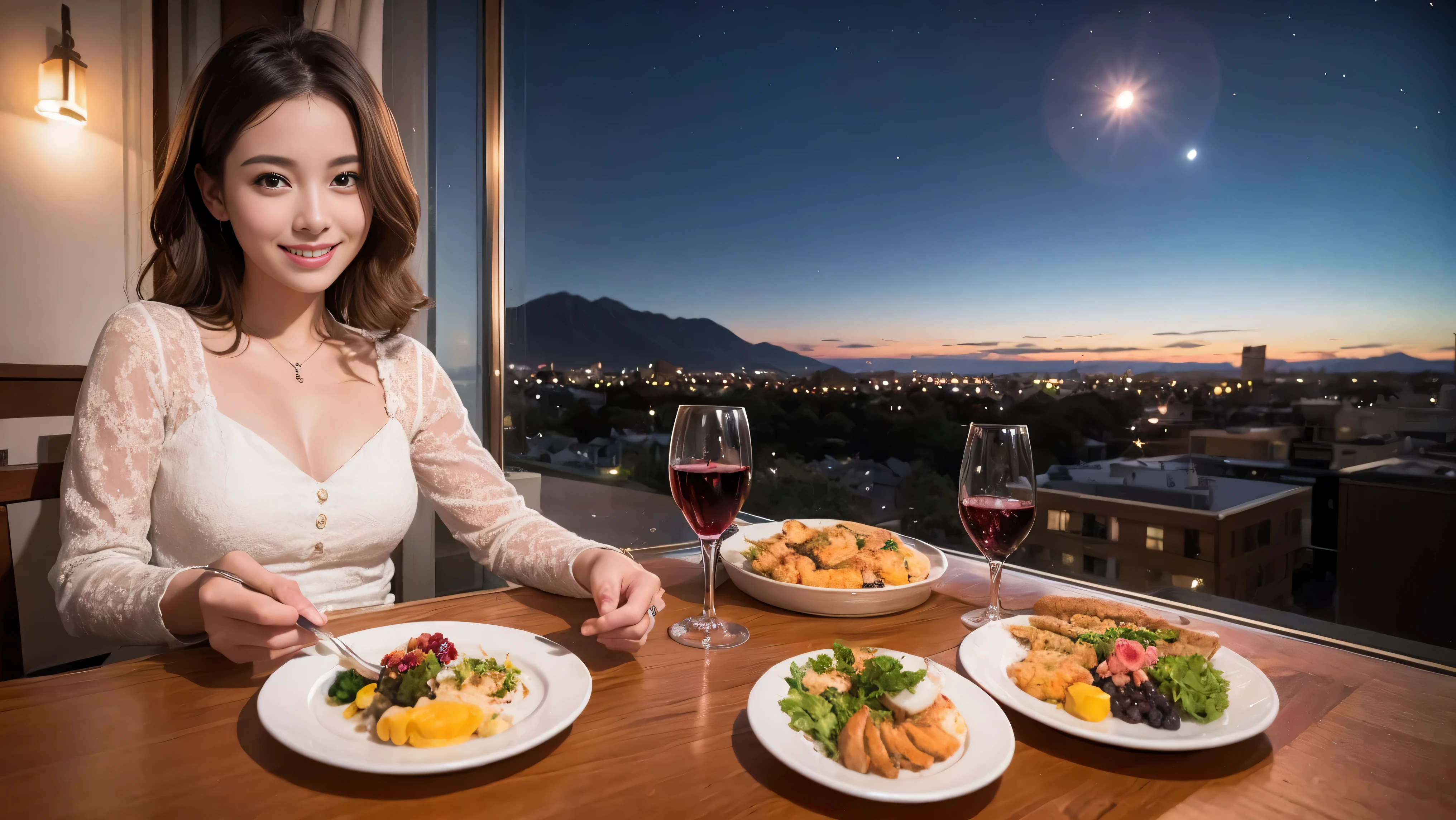 (K UHD, nffsw, highest quality, table top: 1.2), (realistic, realistic: 1.37), Spectacular view of the sunset sky and clouds、Amazing mountain views、A bright smile、A lovely woman with a smile、that woman'bright face、Fox face、lady、wine 、Appetizer、Italian food、two beauties、brown hair、shortcut、long sleeve shirt、winter fashion、dress、Japanese、Englishman、Dutch、German、Belgian、Italian、French,Wine Bottle、Appetizer、Champagne、Sparkling wine、Pretty Woman 1, (slim face), (because I'thin), (brown hair), (shortcut), cheeks turn a little red, (42 years old), 38 years old, charming beauty、, A beautiful and detailed night view spreads out outside the window..........., restaurant, Wine Glassに座って, At night, in a prominent place (from the waist up) nova frog style, actress, model, Upper body, White wine, slim, Wine Glass, Very beautiful night view, 真ん中に置かれたWine Glass, smile, (smile: 1.15), Beautiful little eyes,