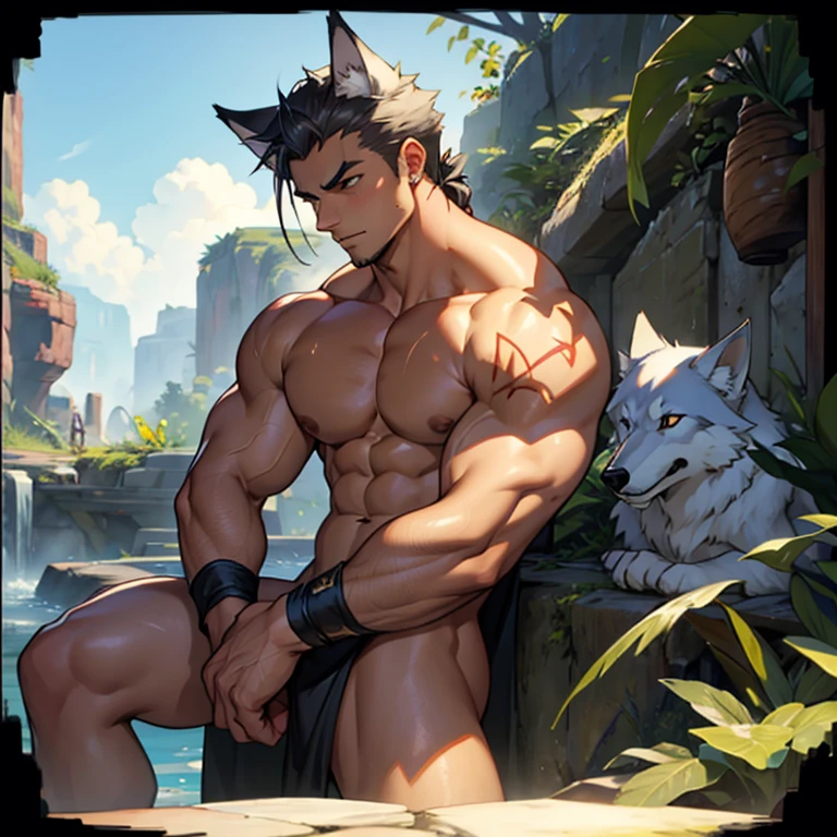 1 magic card.  Above is a muscular guy.  Tan skin.  nude .  wolf ears