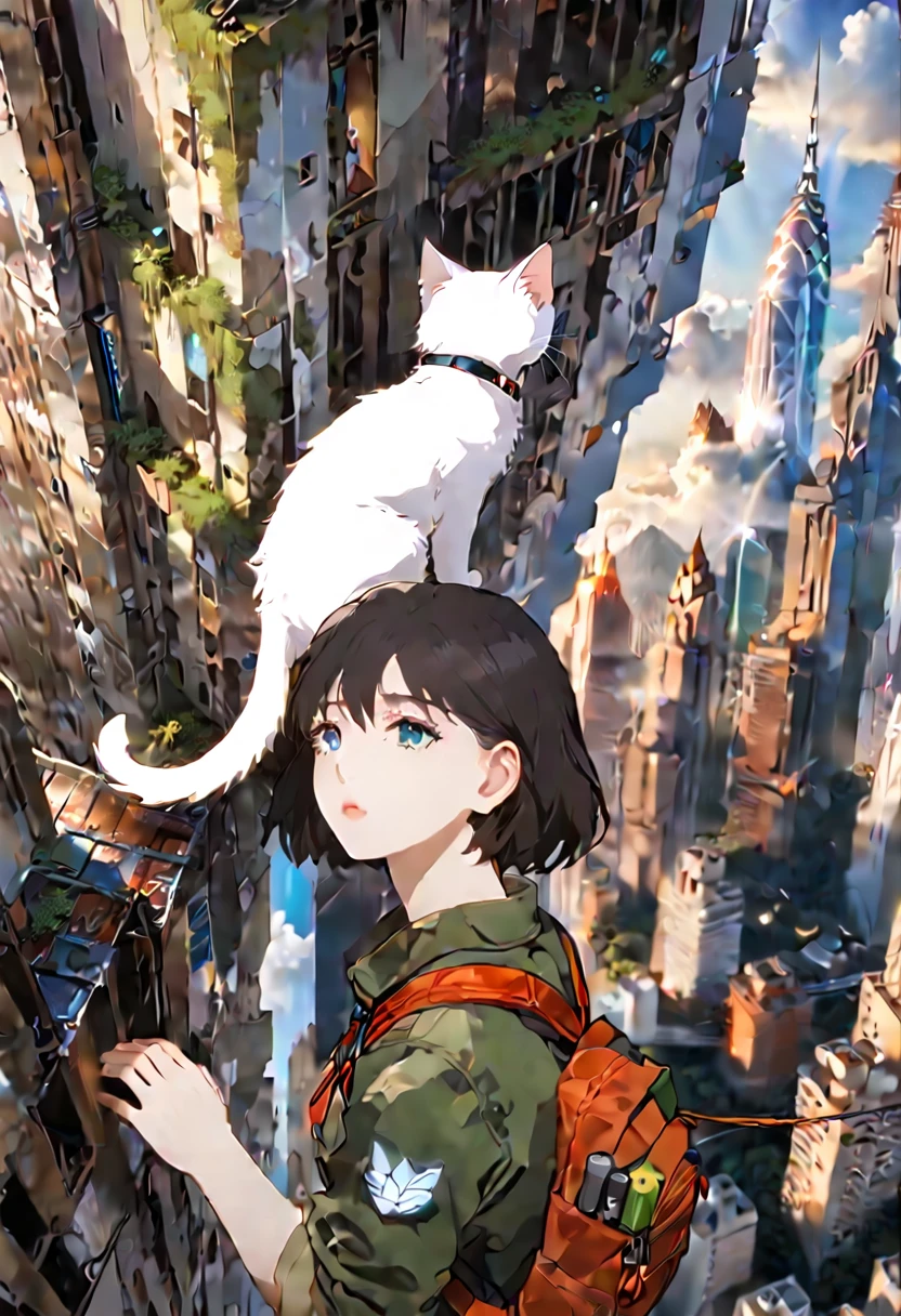 (8K、Raw photo、highest quality、look up:1.2、masterpiece:1.2、genuineistic、ultra high resolution、high contrast、photon mapping、genuine、Super detailed、official art, Raw photo、professional lighting、 light、Vivid atmosphere、twicelight) ,(1 girl), (Portrait of a Girl), (Young look),(Moist eyes), (beautiful face:1.3), (perfect proportions:1,2), (thin legs), (thin thighs), (long legs:1.2), (delicate), (height: 150cm), (15 years old) , (Fair skin、white skin: 1.5), (lightブラウンのポニーテール), (One white kitten), A girl and a white kitten with a backpack climb down from a high point in the forest.、Looking out at the city skyline、Reminiscent of emotional scenes。 High-rise buildings in the city are covered with trees from the walls and windows々pops out、The building is covered like a lush jungle.、It depicts a futuristic landscape where nature and the city are fused.。A city bathed in bright sunlight、It suggests a bright and hopeful future.。 A girl trying to enter a building in the city、It symbolizes young people trying to break out into society.。and、A white kitten is snuggling up to me.、As a familiar presence、Watching a girl's journey。 This scene is、While having the atmosphere of a work directed by Makoto Shinkai,、I am drawing a post-apocalyptic animation with a unique world view.。