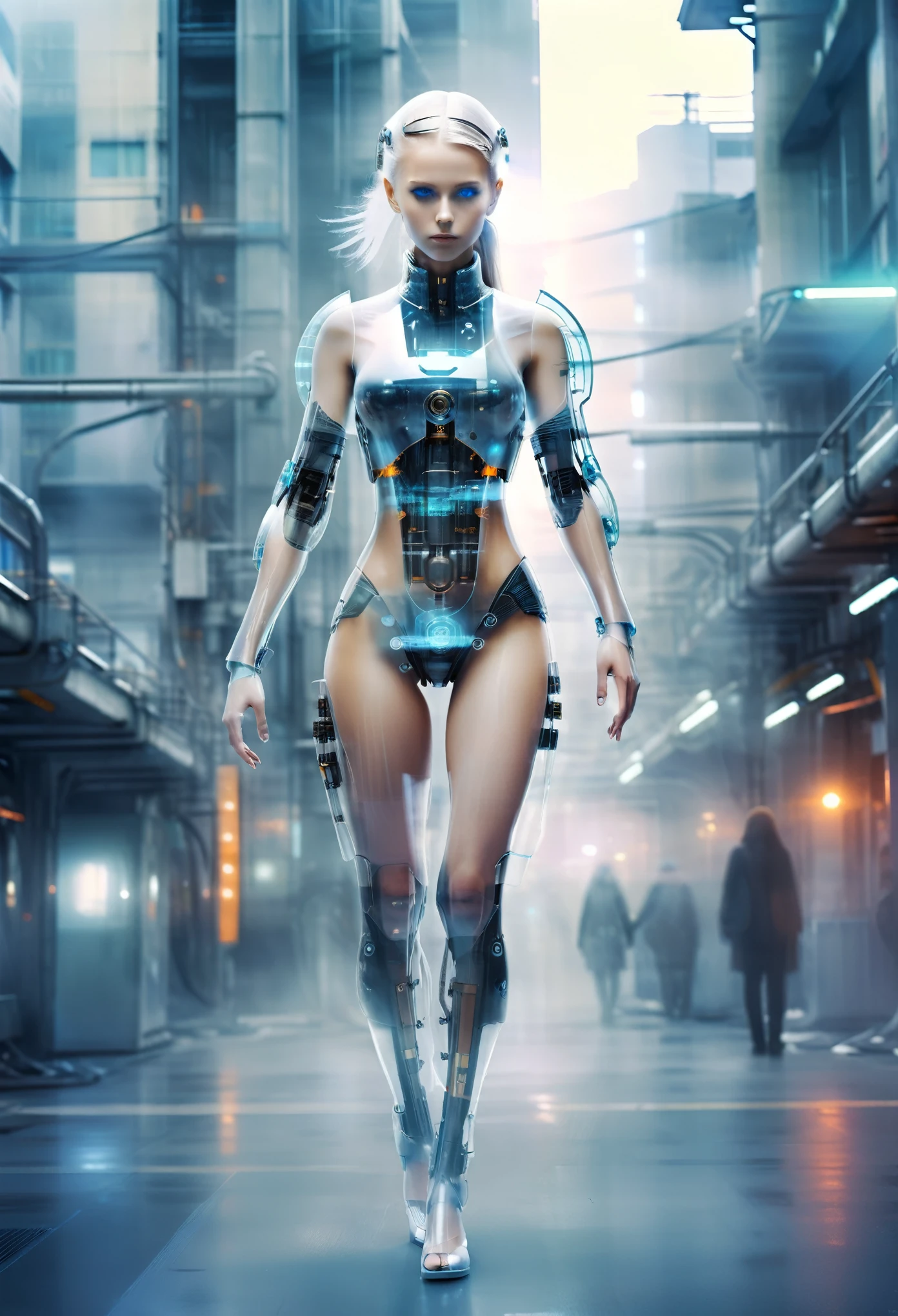 Translucent ethereal mechanical girl,Futuristic girl,Mechanical jointecha-girl,futuristic urban background