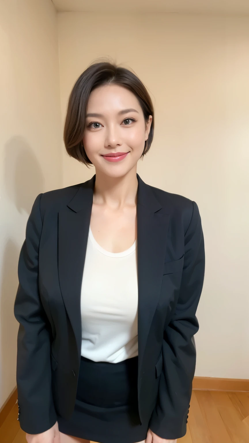 masterpiece,highest quality, (mature woman、42 years old), glare, (gray blazer), (white shirt:1.2), (black pencil skirt:1.4)、double eyelid, eyelash, lip gloss, (smile:1), (looking at the viewer、The whole body is reflected)、(standing facing the front:1.1), (Modern office receptionist:1.6)、Depth of written boundary、尖ったred mouth、(Black wet shiny short hair),red mouth,clavicle、(full body portrait:1.6)、digital illustration, (Photoreal:1.3),(Raw photo)、smile、(In front of the counter:1.2)、(Standing with hands together in front of the body)、