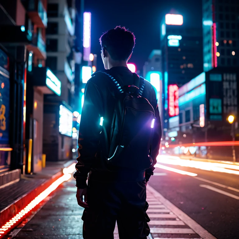 cyber-, back view, male, night view