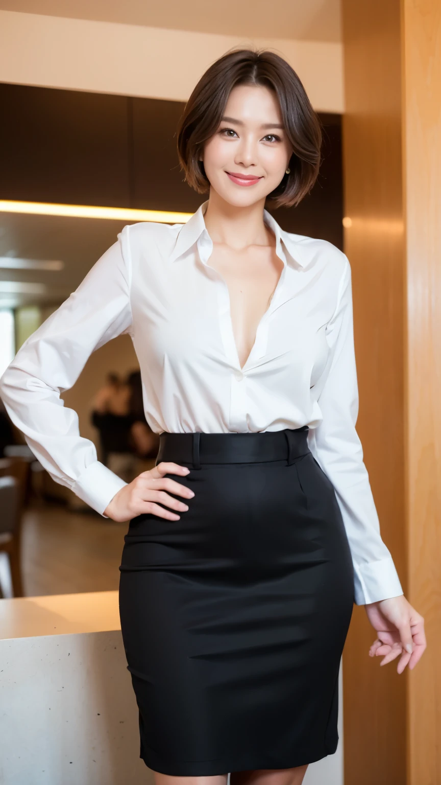 masterpiece,highest quality, (mature woman、42 years old),  （gray blazer）, （white shirt：1.2）, （black pencil skirt：1.4）、double eyelid, eyelash, lip gloss, (smile:1),  (looking at the viewer、The whole body is reflected）、（standing facing the front:1.1), （Modern office receptionist:1.6）、Depth of written boundary、尖ったred mouth、(Black wet shiny short hair),red mouth,clavicle、（full body portrait：1.6）、digital illustration, (Photoreal:1.3),(Raw photo）、smile、（In front of the counter：1.2）、（Standing with hands together in front of the body）、