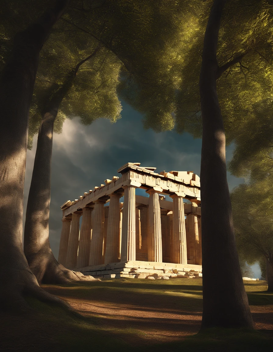 Parthenon temple,8k,Impressive,Sunlight filtering through the trees,mysterious