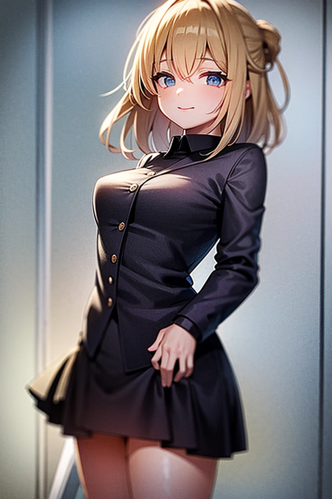 ChristiaAOT, 1girl, solo, christa renz, smile, hair between eyes, blue eyes, blonde hair, jacket, medium hair, nfsw