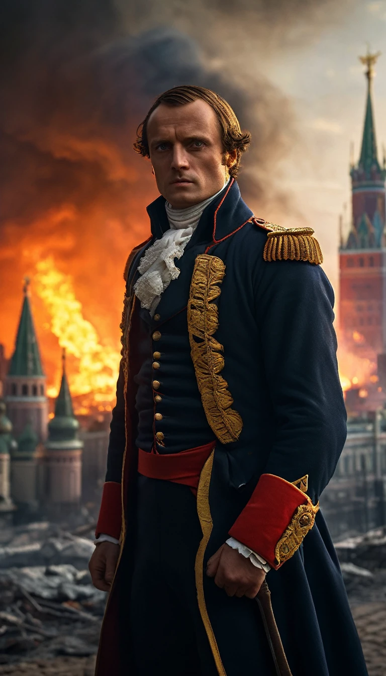 Illustrate Napoleon standing before the empty and burning city of Moscow.
Show the flames engulfing buildings in the background, with smoke billowing into the sky, background dark, hyper realistic, ultra detailed hyper realistic, photorealistic, Studio Lighting, reflections, dynamic pose, Cinematic, Color Grading, Photography, Shot on 50mm lens, Ultra-Wide Angle, Depth of Field, hyper-detailed, beautifully color, 8k