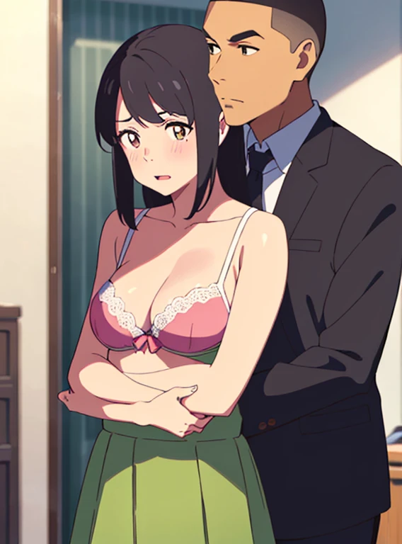 shinkai makoto, kimi no na wa., 1boy, buzzcut,office suit, boy caressing girl's body, kiss cheeks, passionate hug, boy is hugging from behind, breast groping from behind, 1girl, bangs, black hair, open mouth, brown eyes, Twisted Half Up, red ribbon, long hair, yellow blouse, open shirt, unbuttoned shirt, pink bra, cleavage, breast, medium breast, long gray skirt, storage room, indoors, masterpiece, perfect anatomy, cowboyshot