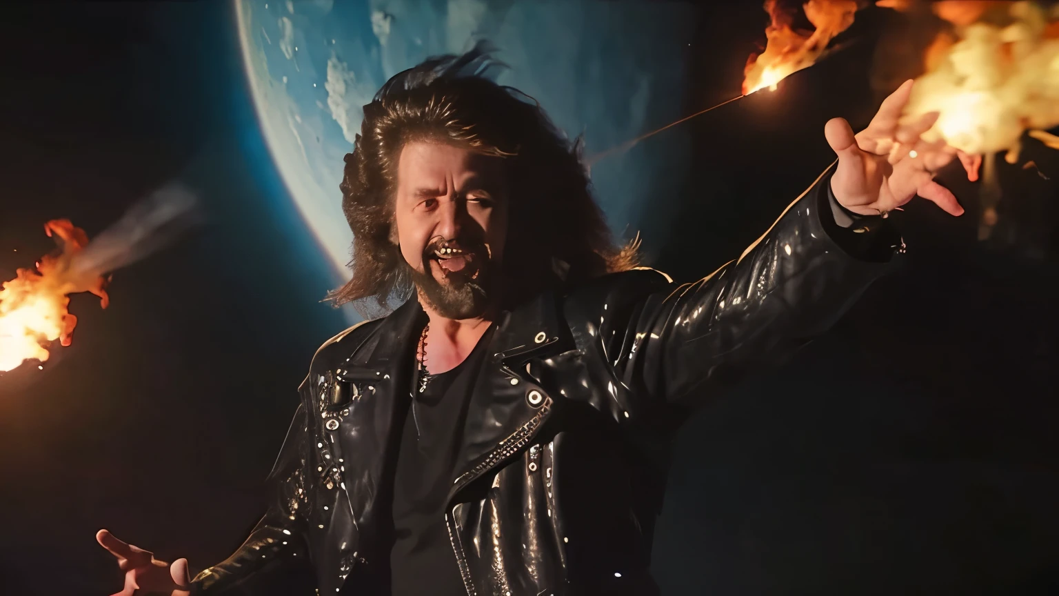 A veteran death metal band is flying through the sky. Big explosion. Vocalist jumps high. Fiery long hair, beard, studded leather jacket, devilish costume, live video, enthusiastic