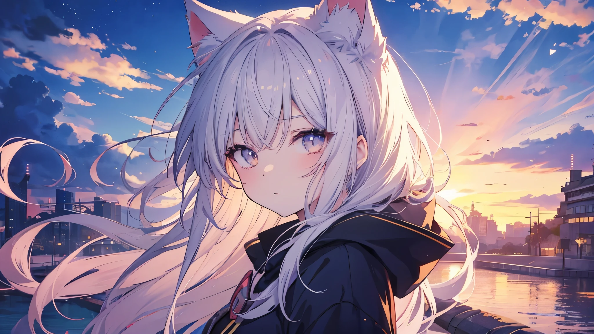Anime cat girl with cat ears, Look at your shoulder, Anime drawing by Yang J, Pixiv contest winners, serial art, デジタルanime illustration, kawashi, anime style illustration, anime style 4k, beautiful anime portrait, anime style portrait, anime style artwork, Guweiz style artwork, anime illustration, digital anime art, Detailed digital anime art, beautiful sunset

