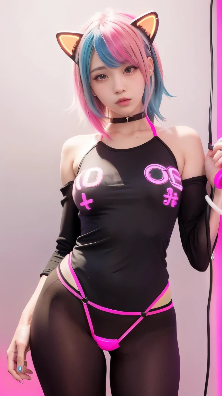 masterpiece, highest quality, Photorealistic, 4K, bokeh, enlightenment, (1 perfect portrait of a girl), (A fascinating eye for perfect detail), colorful hair, (gradient hair), (neon pink hair:1.6), (Cat ear:1.2), Slim and tall body type, fantasy background, exposed bare shoulders, long-term alienation sleeve, lean forward a little, If you look up, hair ornaments , Little head tilt, , movie lighting, oversized clothes, ((seductive pose)), (neon pink background:1.6), Close up,