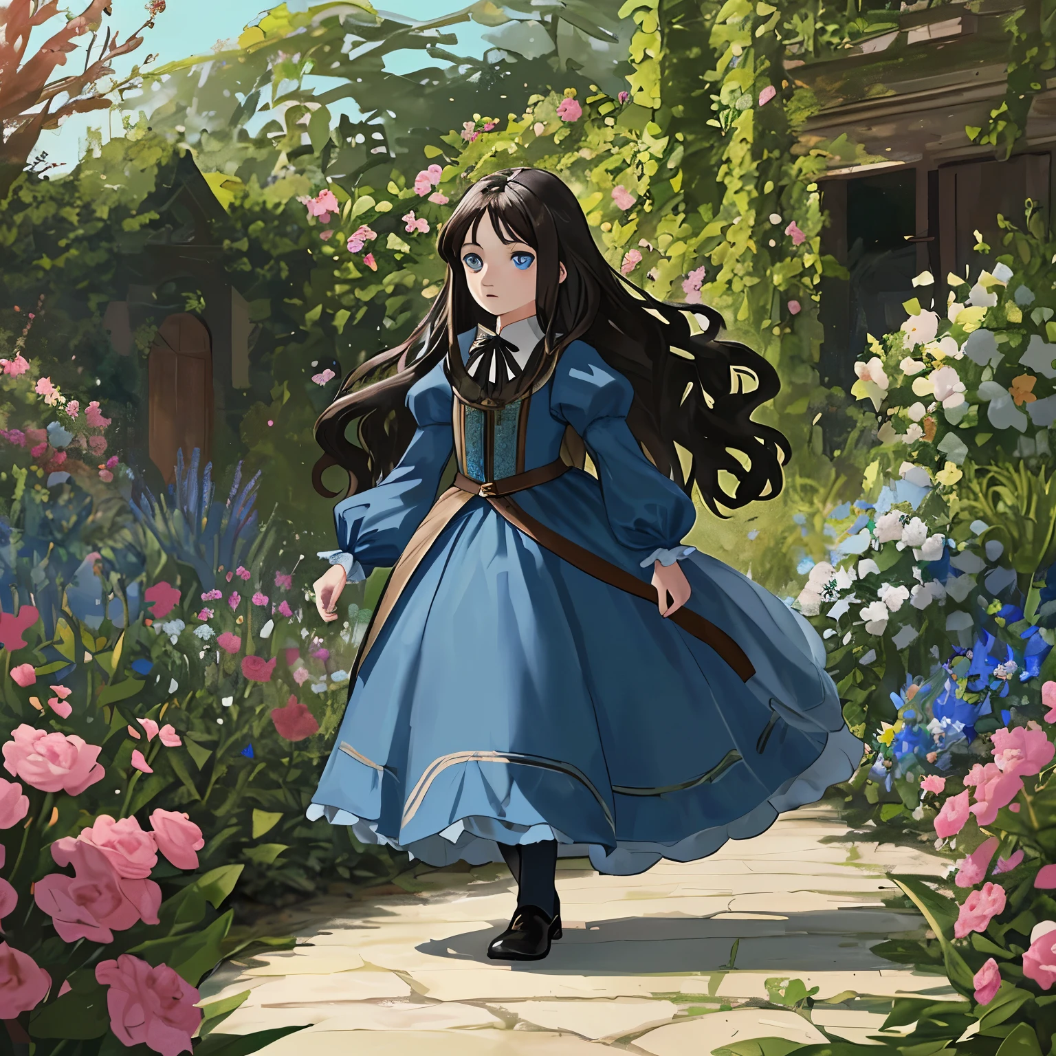 In the garden there is a tall Girl with brown long hair and blue eyes dressed in a Blue dress of the 17th century, a boy of 4 years old with black hair and black hair dressed in expensive clothes is running ahead.